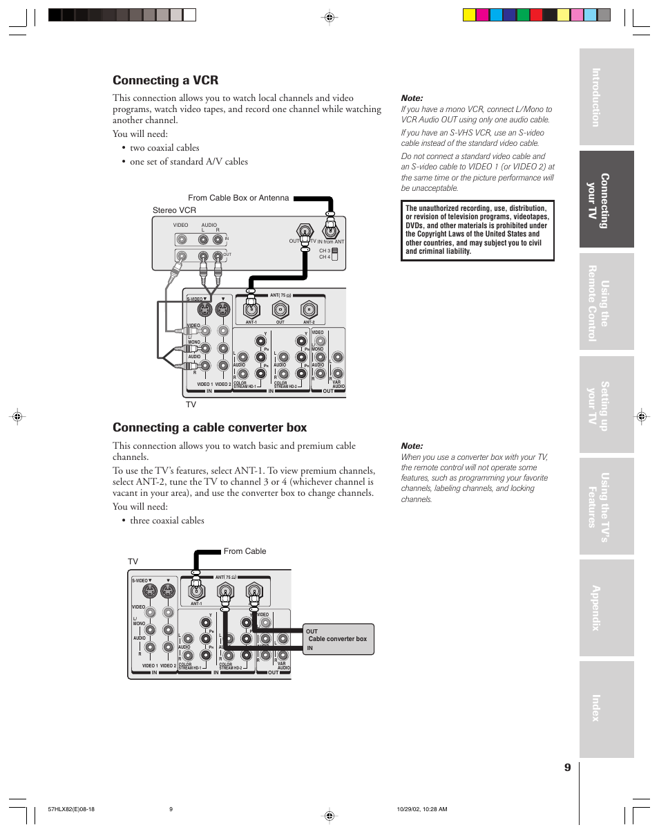 Connecting a vcr, Connecting a cable converter box | Toshiba 57HLX82 User Manual | Page 9 / 72