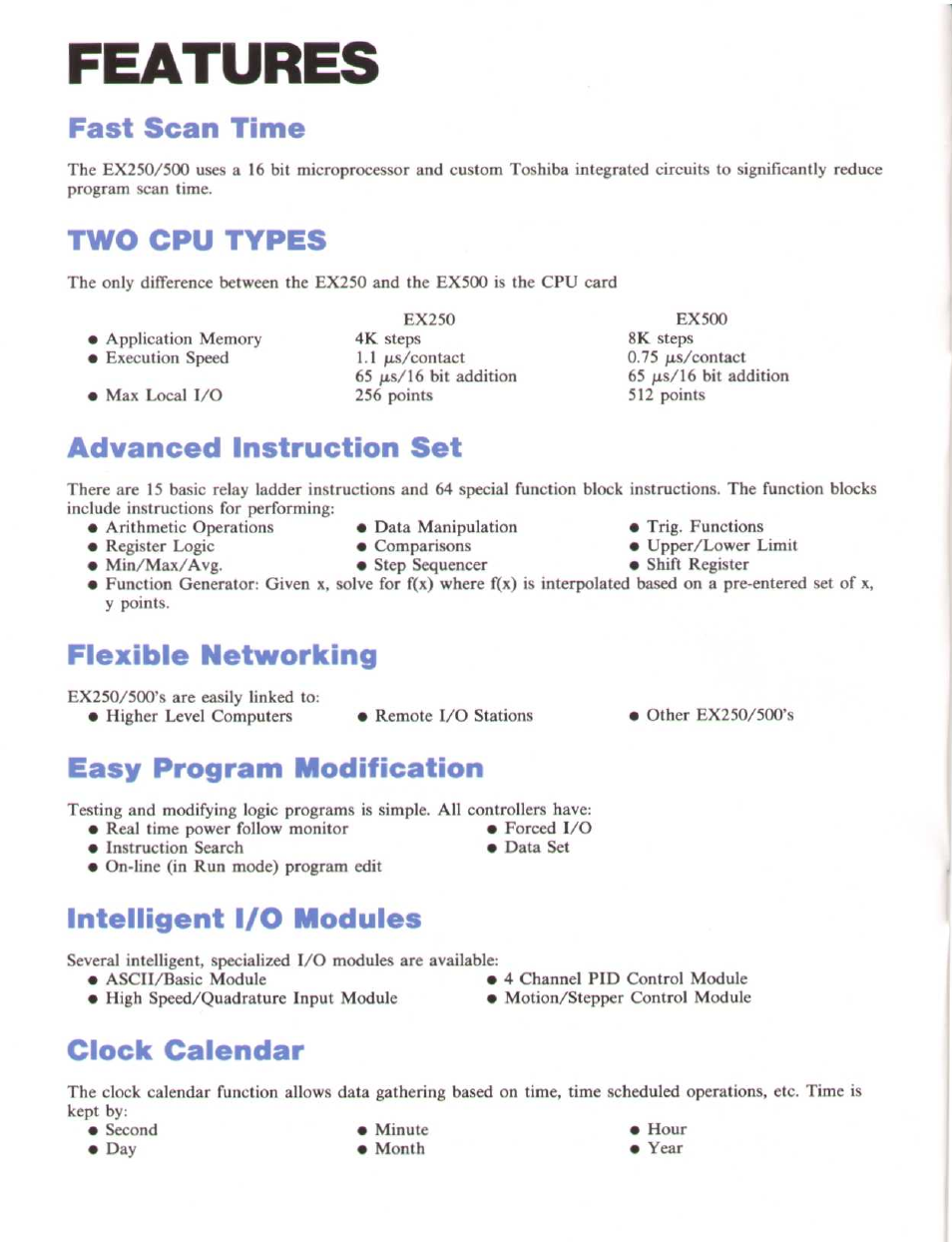 Features, Fast scan, Two cpu types | Advanced instruction set, Flexible networking, Easy program modification, Intelligent i/o modules, Clock calendar | Toshiba EX250 User Manual | Page 2 / 20