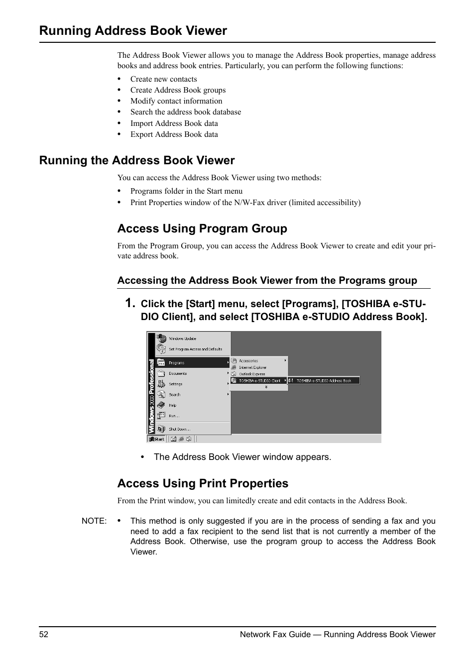 Running address book viewer, Running the address book viewer, Access using program group | Access using print properties | Toshiba 3511/4511 User Manual | Page 52 / 108