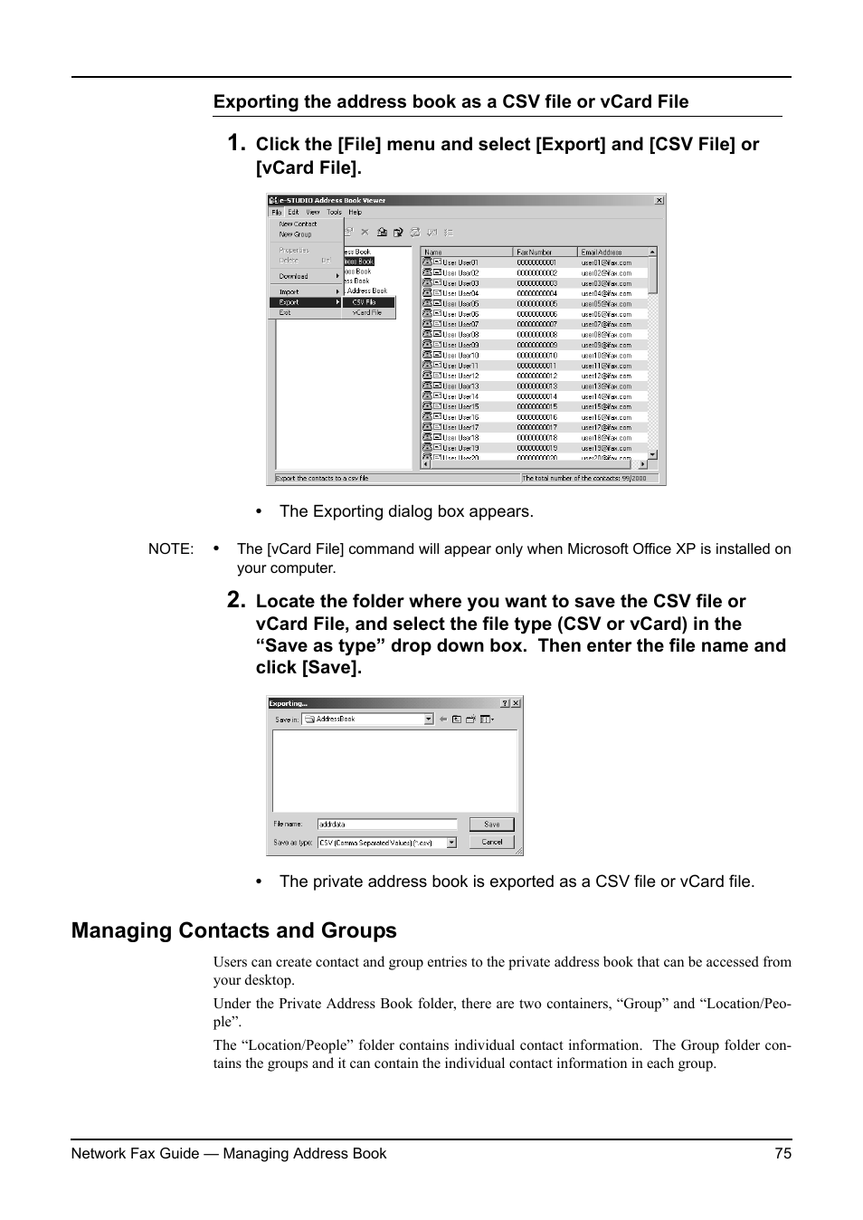 Managing contacts and groups, P.75 "managing contacts and groups | Toshiba 3511/4511 User Manual | Page 75 / 108