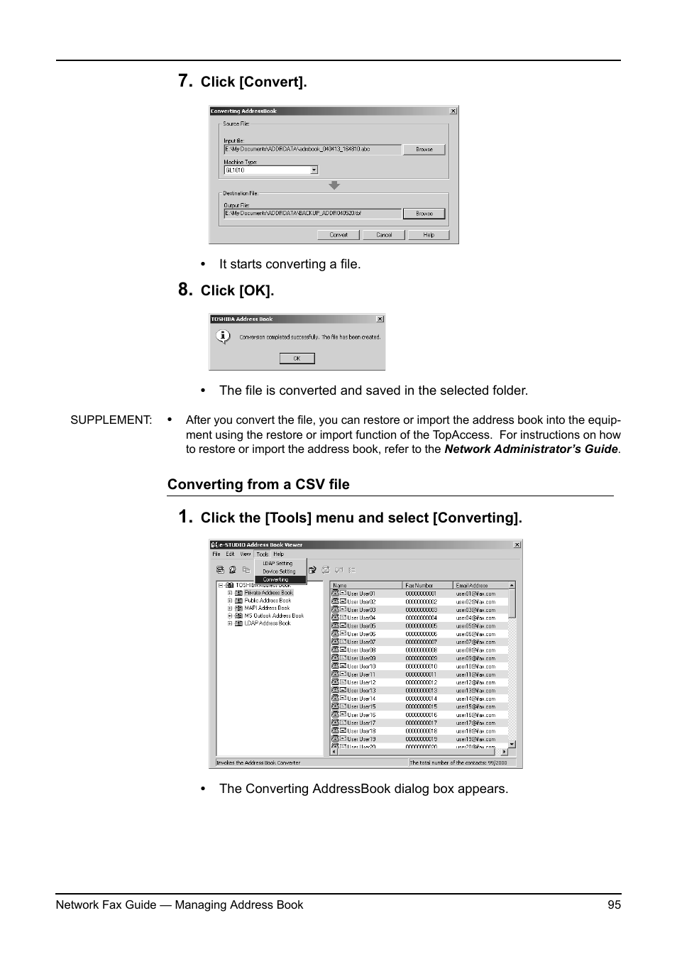 P.95 "converting from a csv file | Toshiba 3511/4511 User Manual | Page 95 / 108