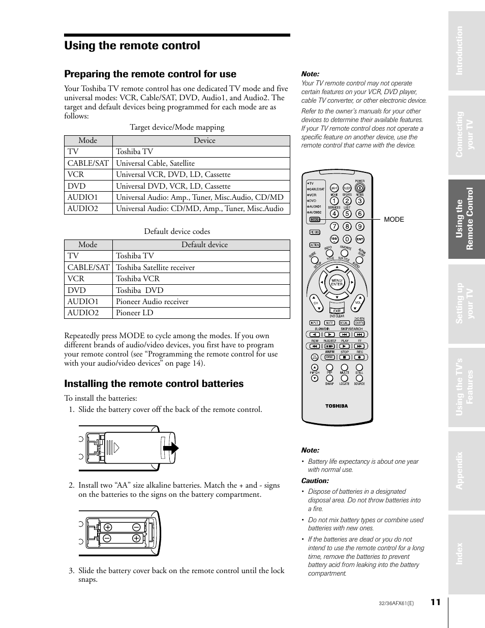 Using the remote control, Preparing for use, Preparing the remote control for use | Installing the remote control batteries | Toshiba 36AFX61 User Manual | Page 11 / 52