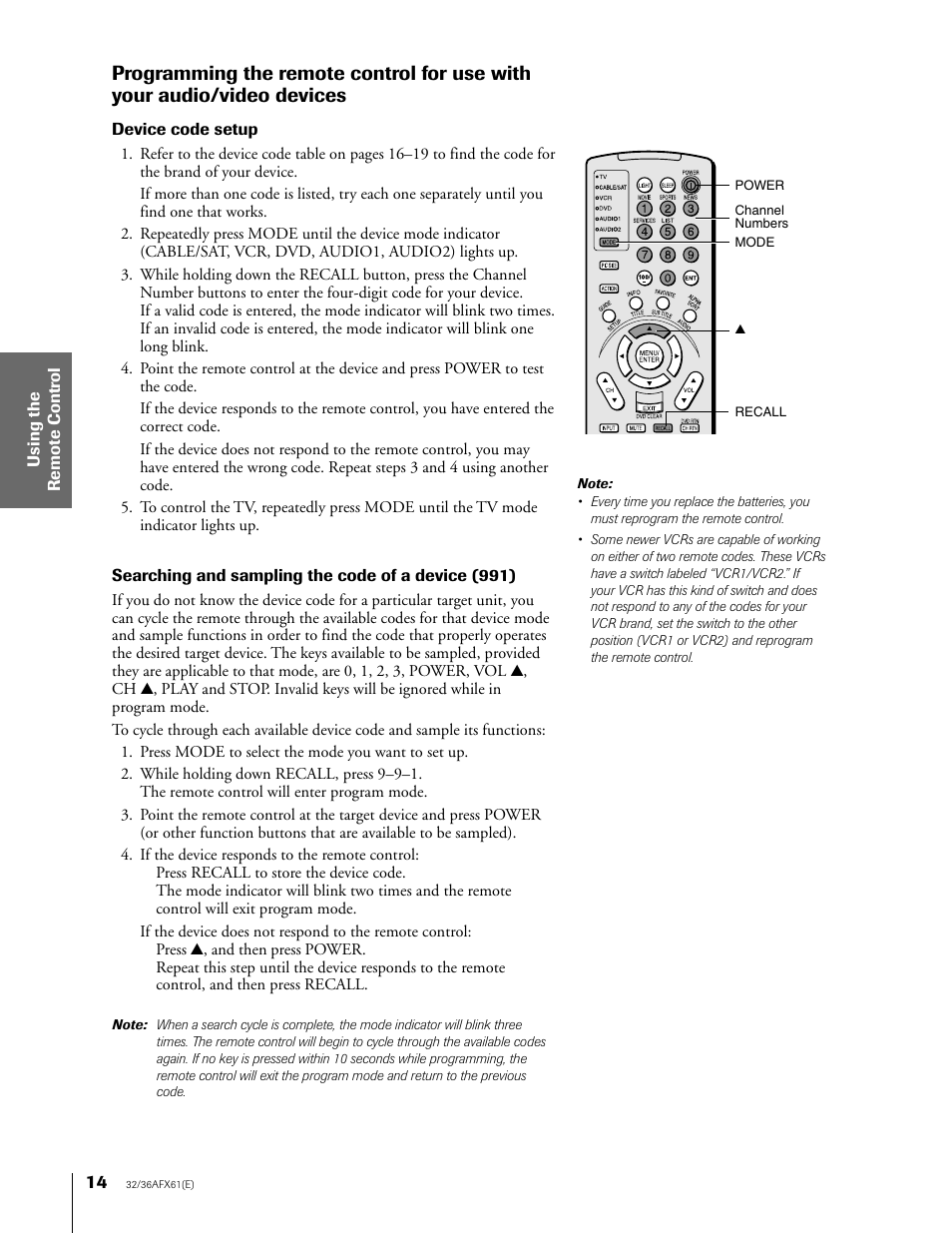 Programming for use with audio/video devices | Toshiba 36AFX61 User Manual | Page 14 / 52