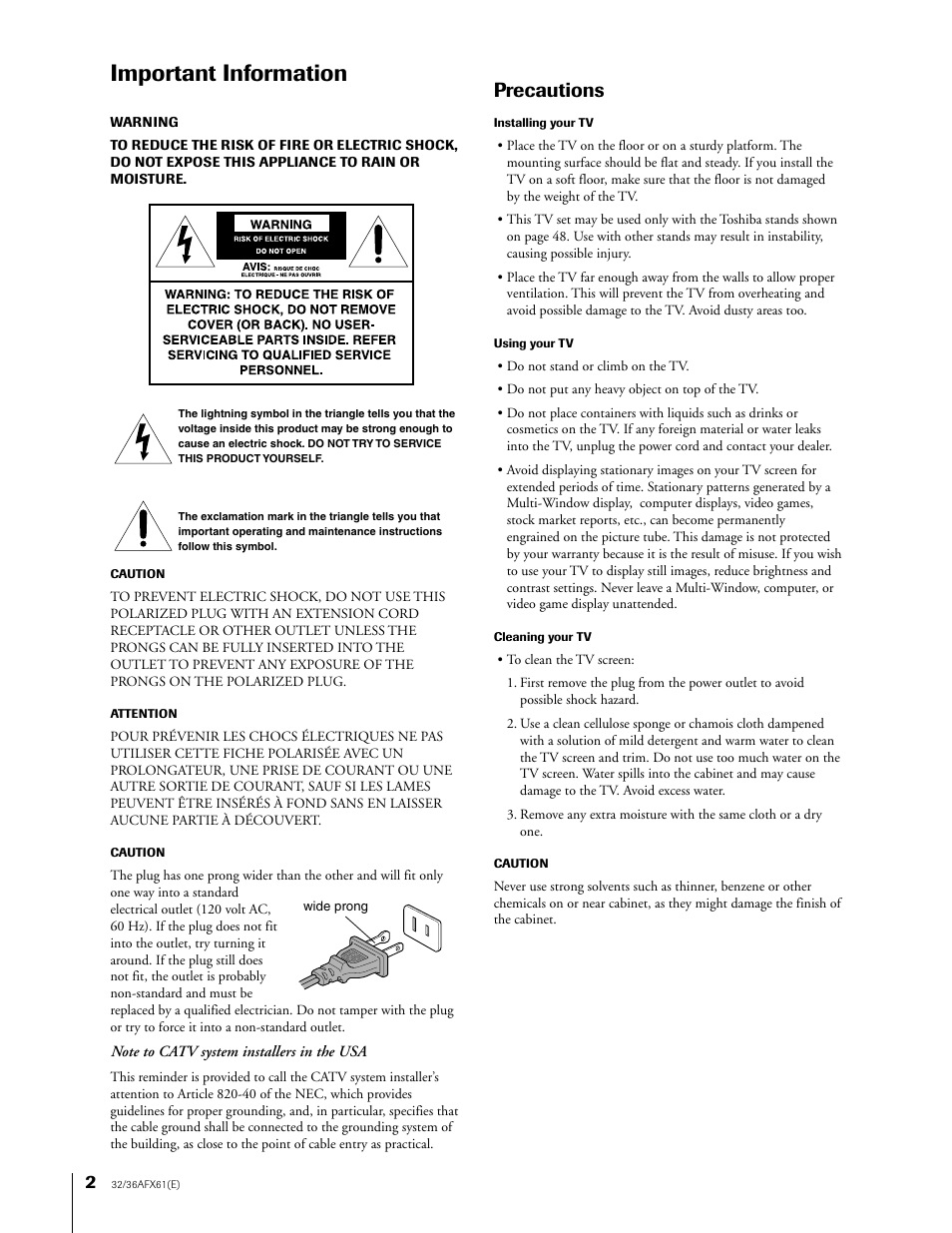 Important information, Precautions | Toshiba 36AFX61 User Manual | Page 2 / 52
