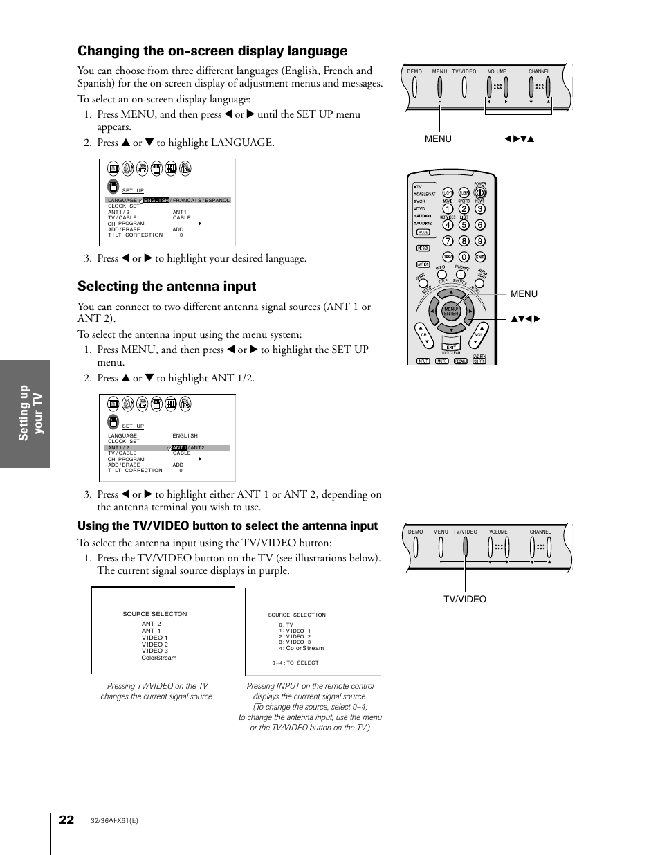 Selecting the antenna input, Changing the on-screen display language, Press x or • to highlight your desired language | Menu x •zy menu yzx • tv/video | Toshiba 36AFX61 User Manual | Page 22 / 52