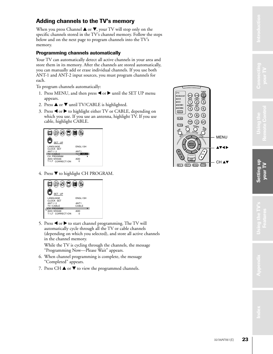 Adding channels to the tv's memory, Programming channels automatically, Press z to highlight ch program | Toshiba 36AFX61 User Manual | Page 23 / 52