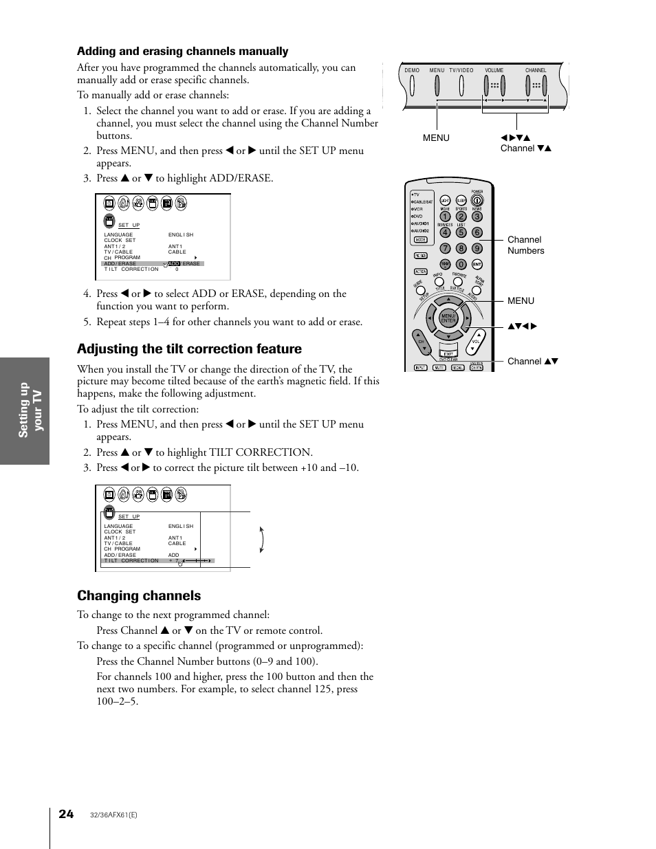 Adjusting the tilt correction feature, Changing channels, Adding and erasing channels manually | Toshiba 36AFX61 User Manual | Page 24 / 52