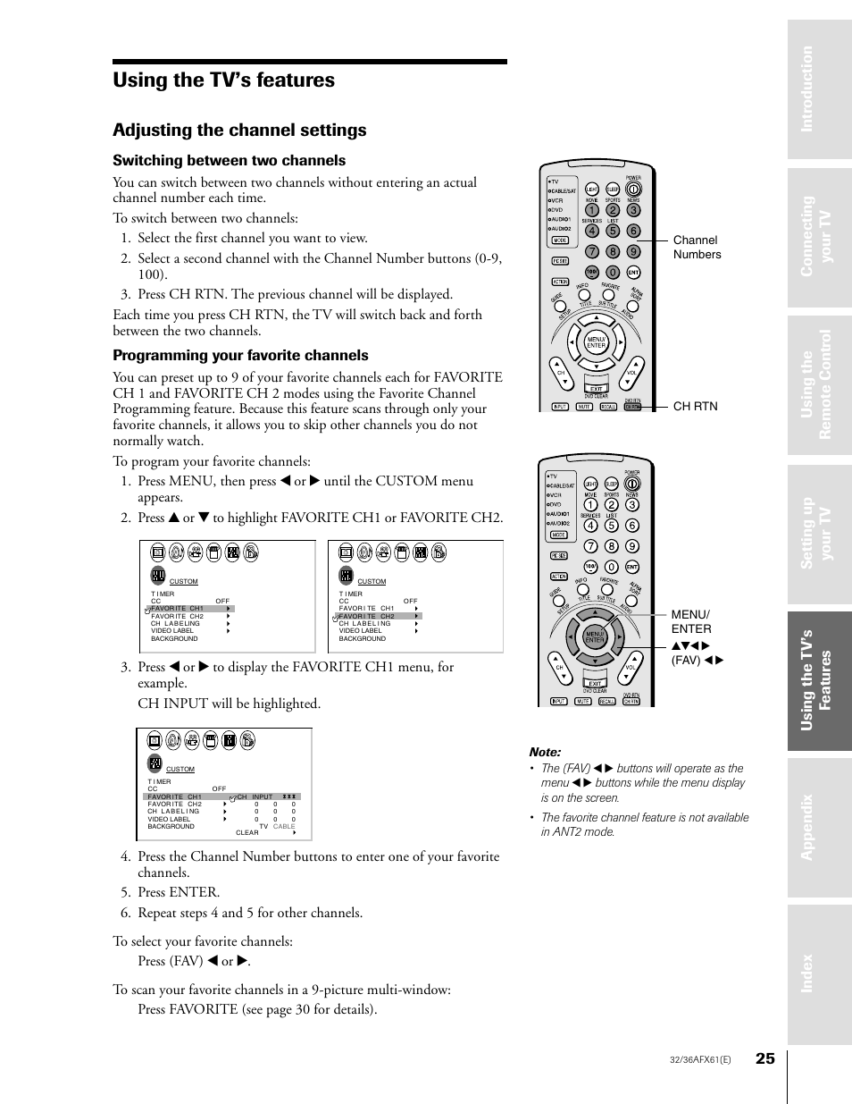 Using the tv's features, Adjusting the channel settings, Using the tv’s features | Switching between two channels, Programming your favorite channels | Toshiba 36AFX61 User Manual | Page 25 / 52