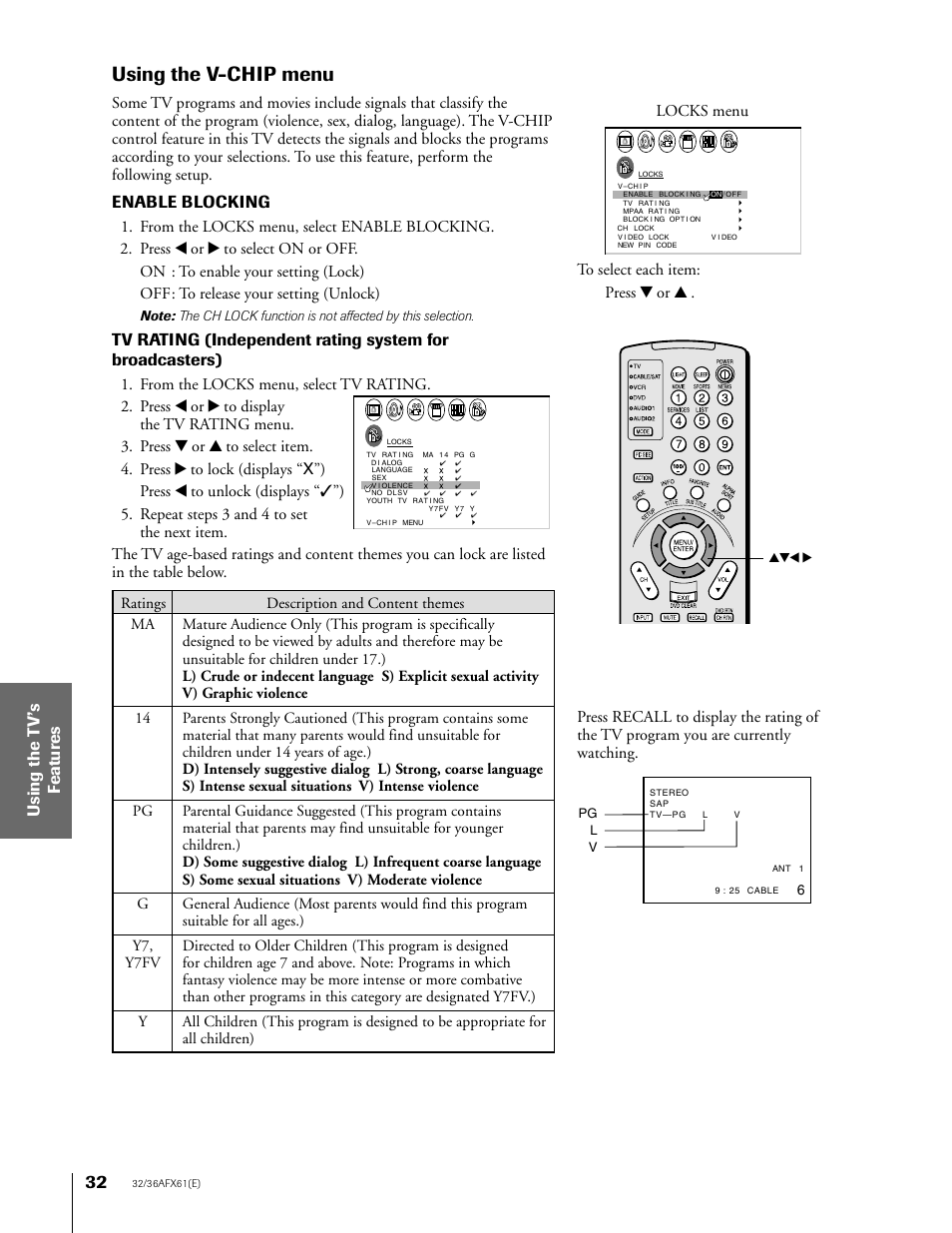 Using the v-chip, Using the v-chip menu, Enable blocking | Toshiba 36AFX61 User Manual | Page 32 / 52