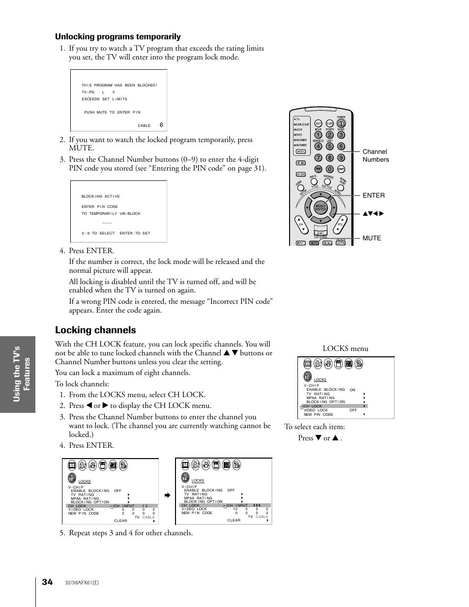 Locking channels, Unlocking programs temporarily | Toshiba 36AFX61 User Manual | Page 34 / 52