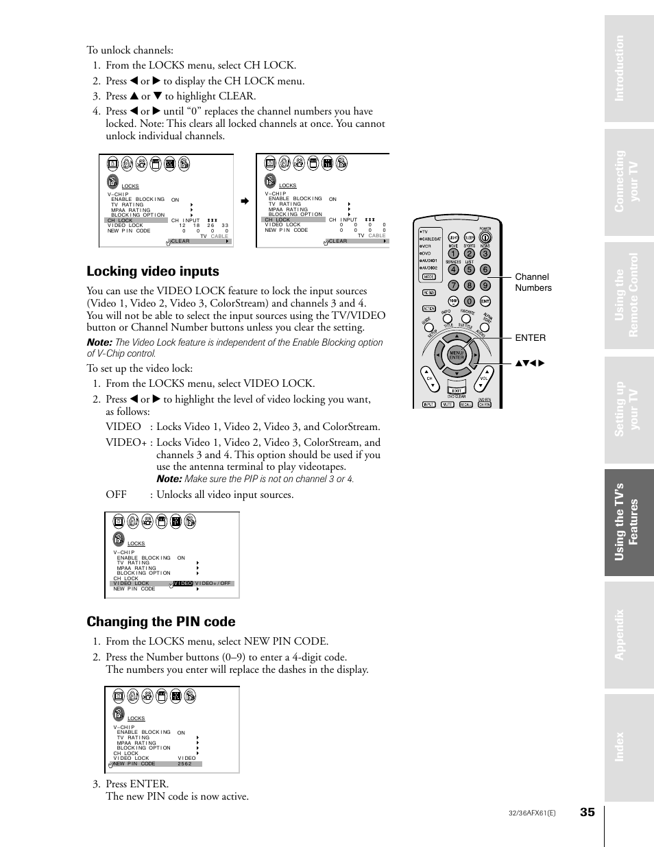 Locking video inpts / changing the pin code, Locking video inputs, Changing the pin code | Off : unlocks all video input sources, Press enter. the new pin code is now active | Toshiba 36AFX61 User Manual | Page 35 / 52