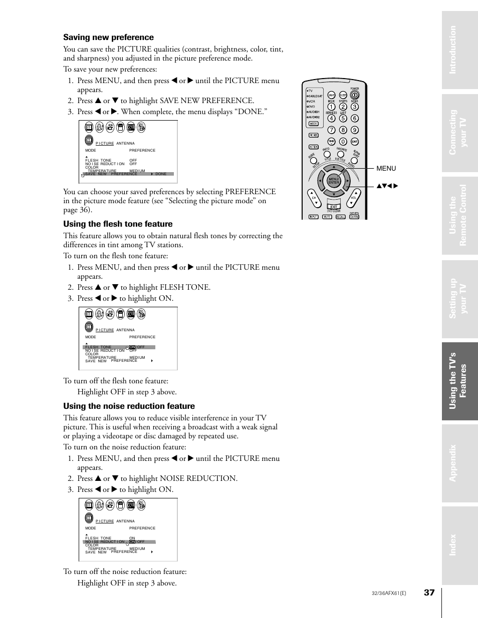 Saving new preference, Using the flesh tone feature, Using the noise reduction feature | Menu yzx | Toshiba 36AFX61 User Manual | Page 37 / 52