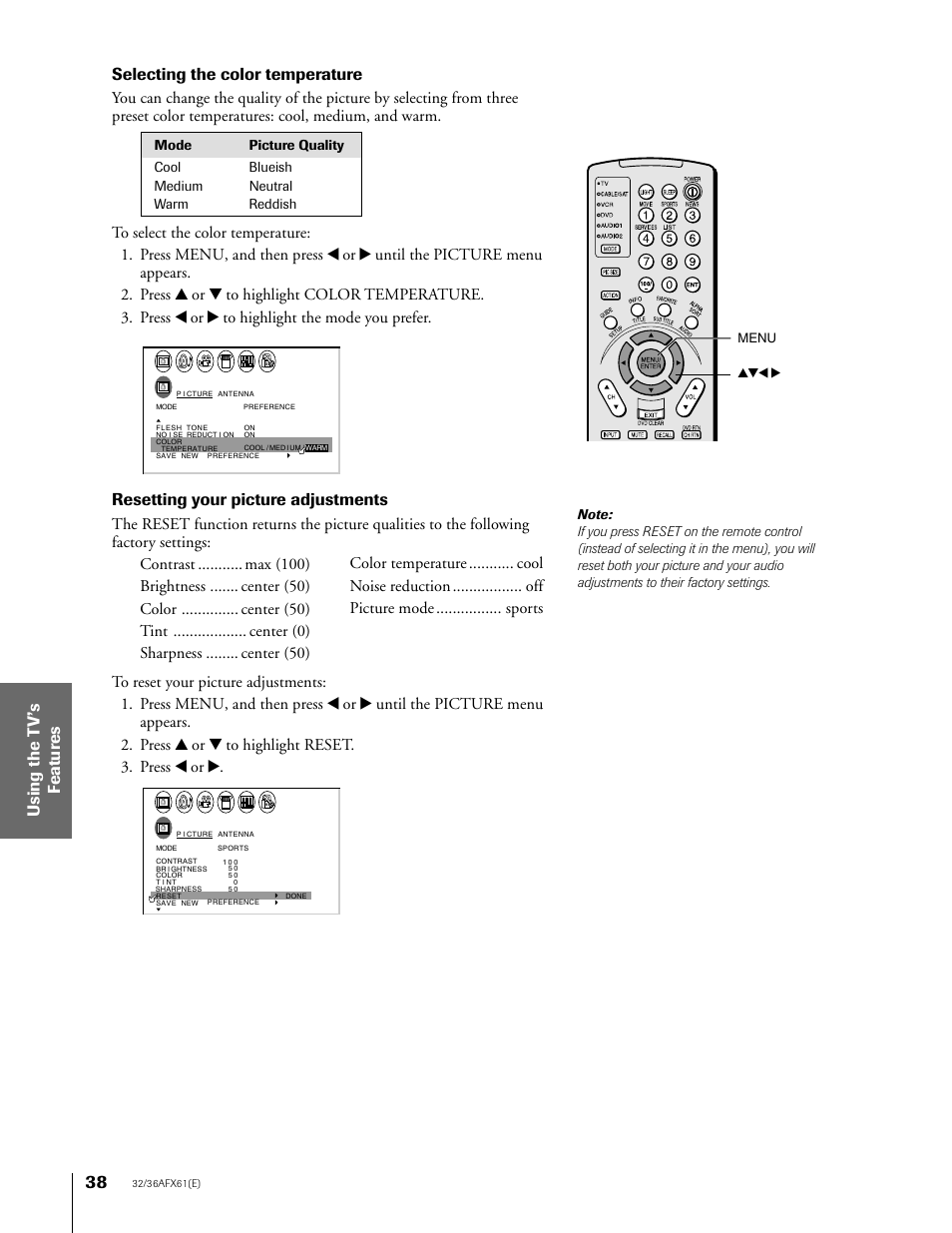 Selecting the color temperature, Resetting your picture adjustments, Menu yzx | Toshiba 36AFX61 User Manual | Page 38 / 52