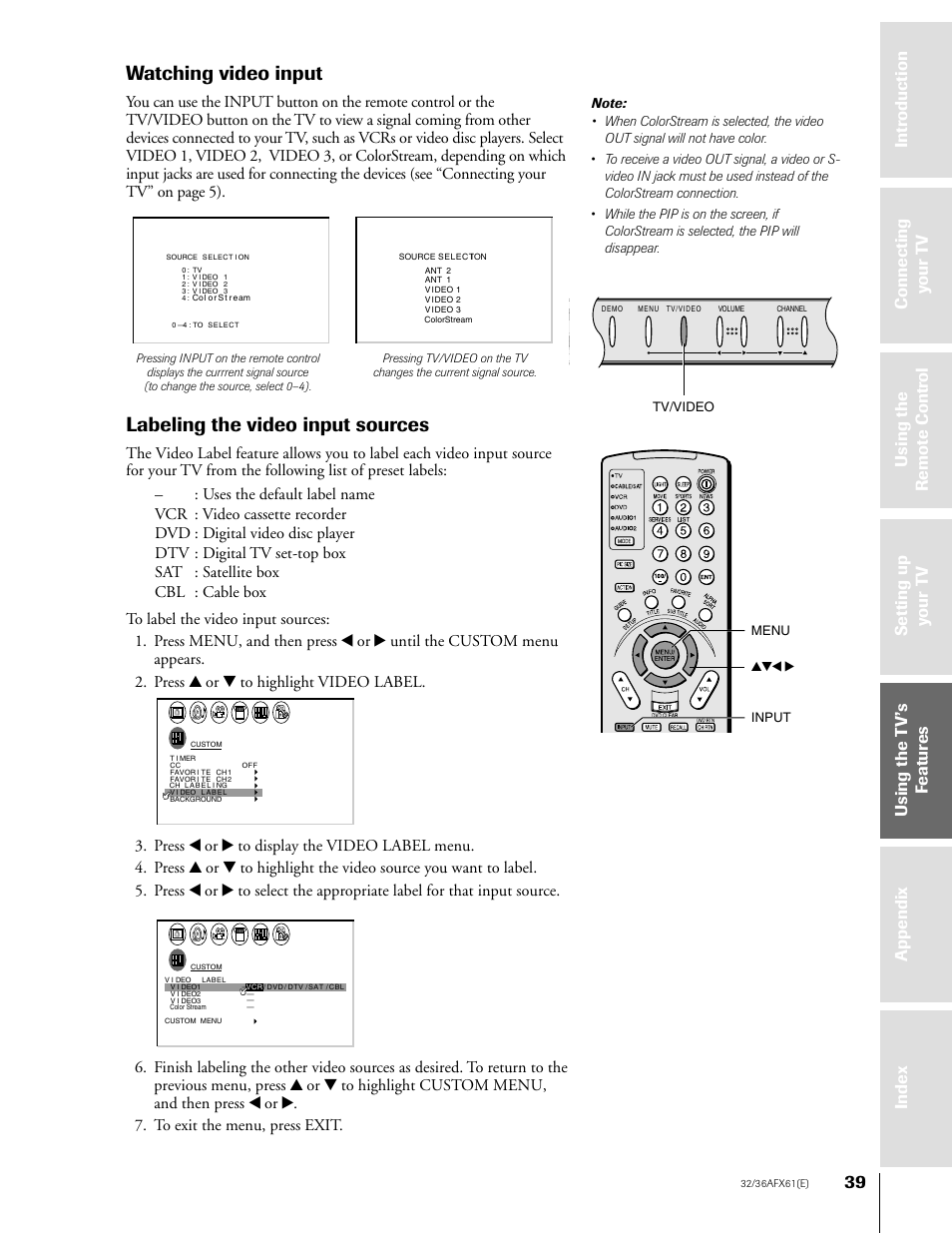 Watching video input, Labeling the video input sources, Tv/video input menu yzx | Toshiba 36AFX61 User Manual | Page 39 / 52