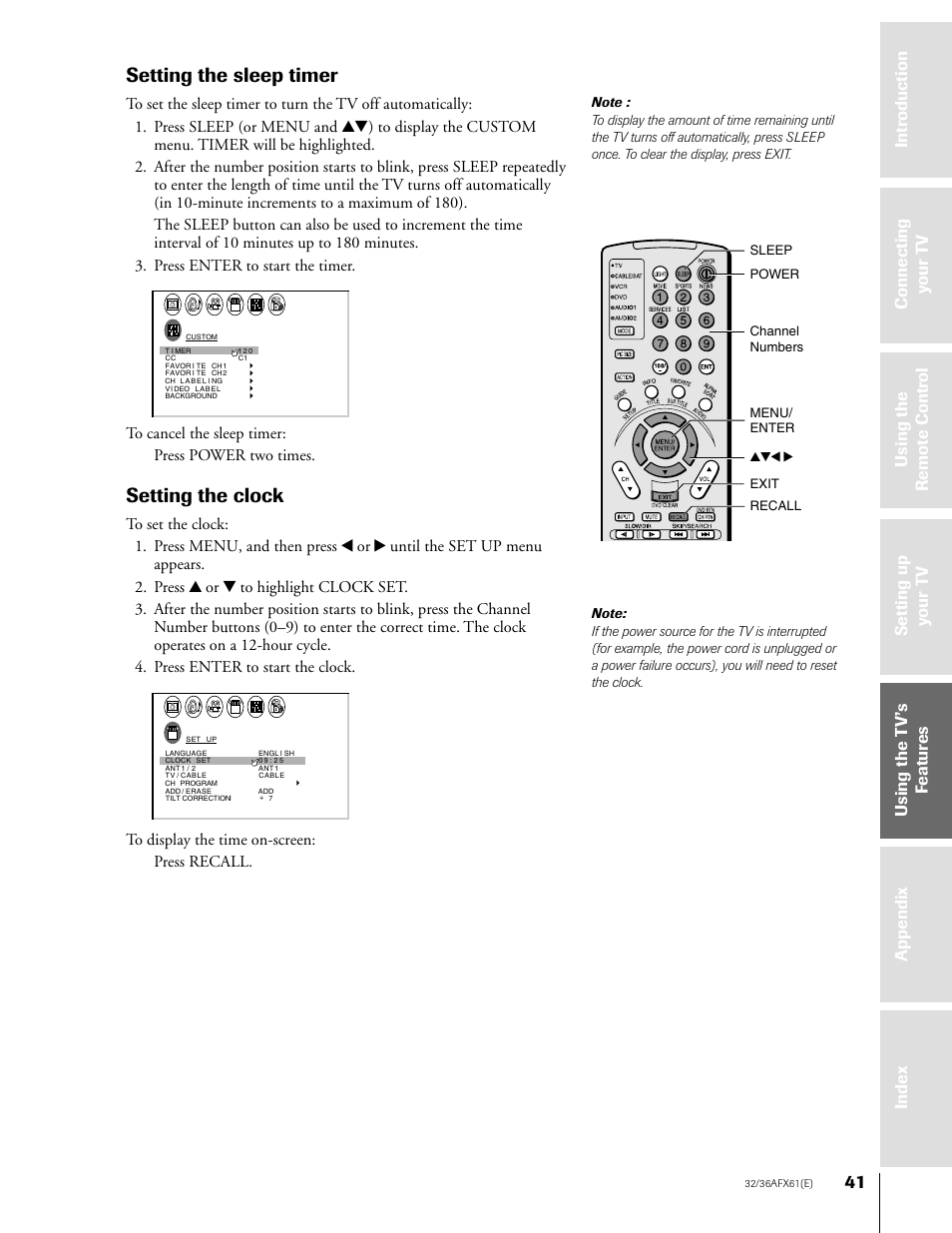 Setting the sleep timer and clock, Setting the sleep timer, Setting the clock | Toshiba 36AFX61 User Manual | Page 41 / 52