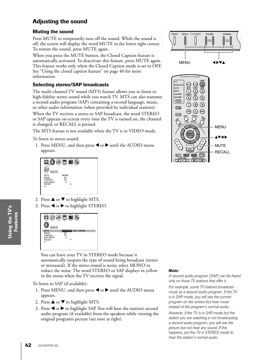 Adjusting the sound, Muting the sound, Selecting stereo/sap broadcasts | Toshiba 36AFX61 User Manual | Page 42 / 52