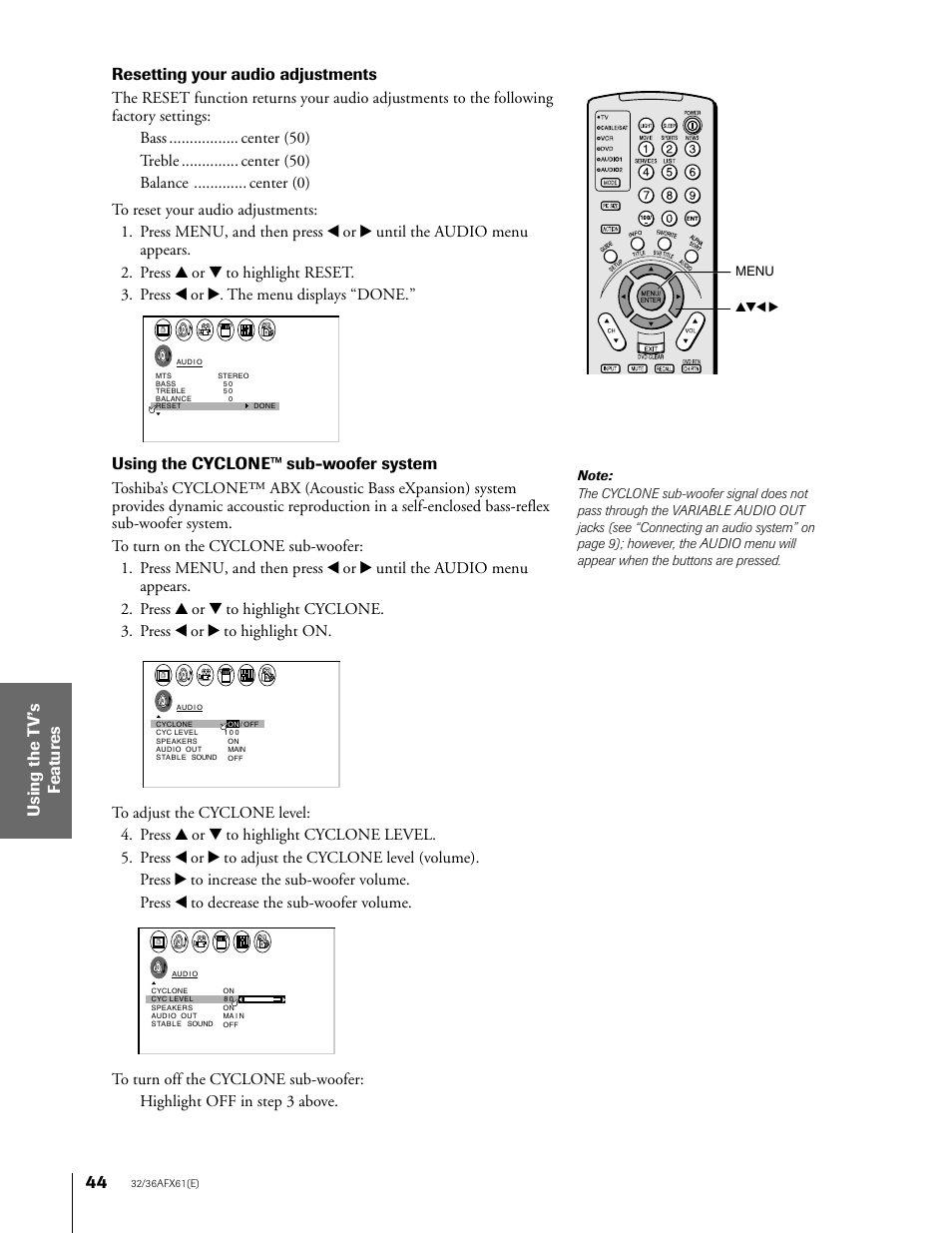 Resetting your audio adjustments, Using the cyclone™ sub-woofer system, Yzx • menu | Toshiba 36AFX61 User Manual | Page 44 / 52