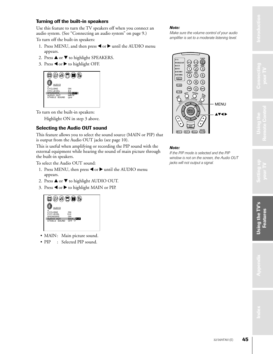 Turning off the built-in speakers, Selecting the audio out sound | Toshiba 36AFX61 User Manual | Page 45 / 52