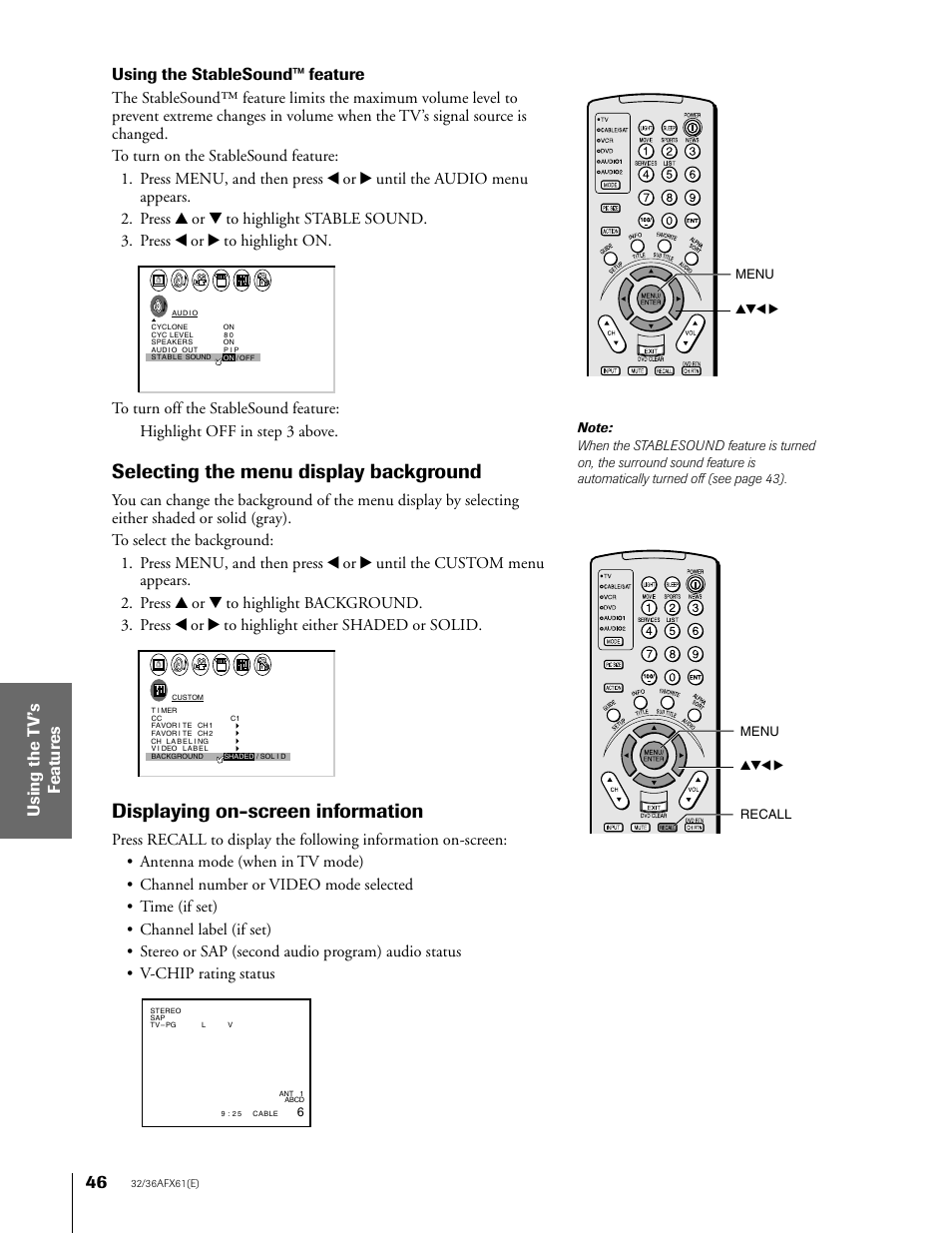 Selecting the menu display background, Displaying on-screen information, Using the stablesound™ feature | Toshiba 36AFX61 User Manual | Page 46 / 52