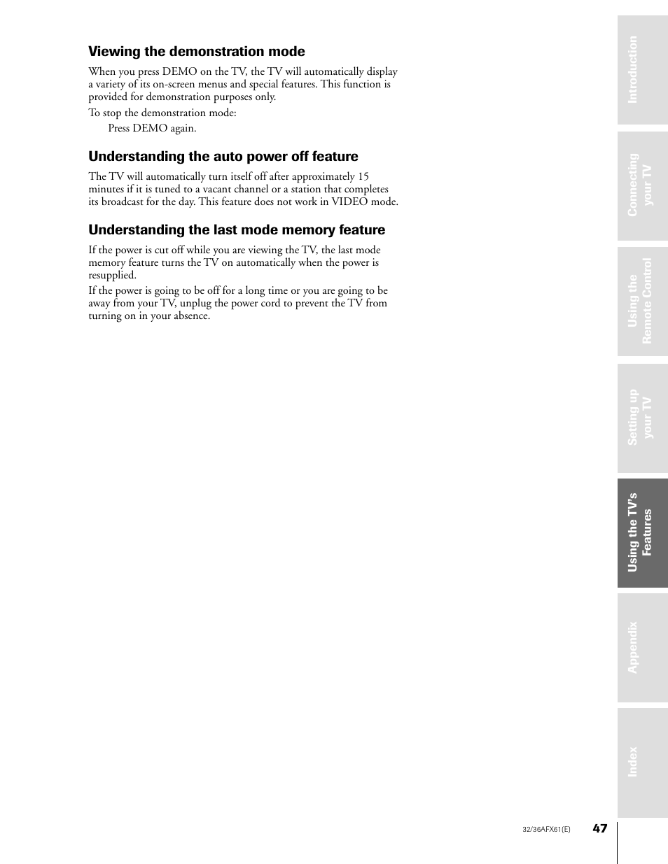 Viewing demonstration mode | Toshiba 36AFX61 User Manual | Page 47 / 52