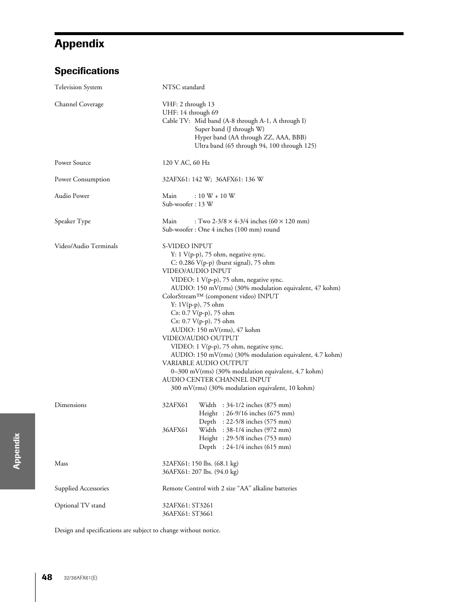 Appendix, Specifications | Toshiba 36AFX61 User Manual | Page 48 / 52