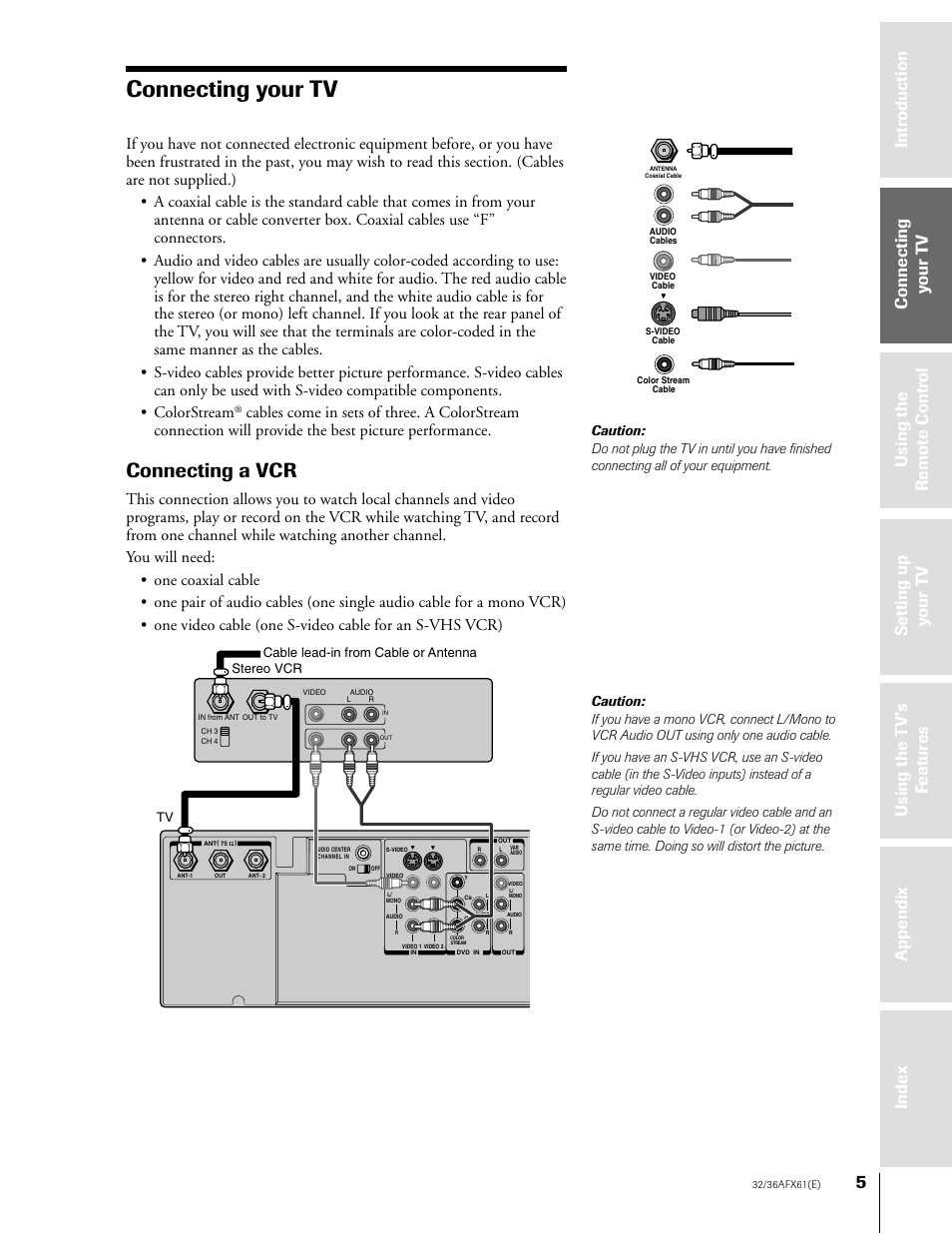 Connecting your tv, Connecting a vcr | Toshiba 36AFX61 User Manual | Page 5 / 52