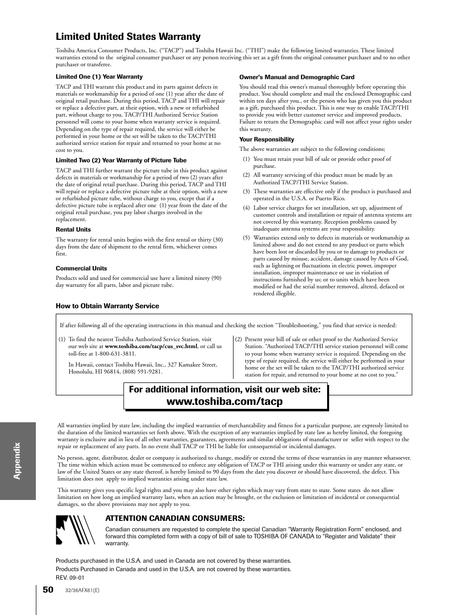 Limited warranty, Limited united states warranty, For additional information, visit our web site | Toshiba 36AFX61 User Manual | Page 50 / 52