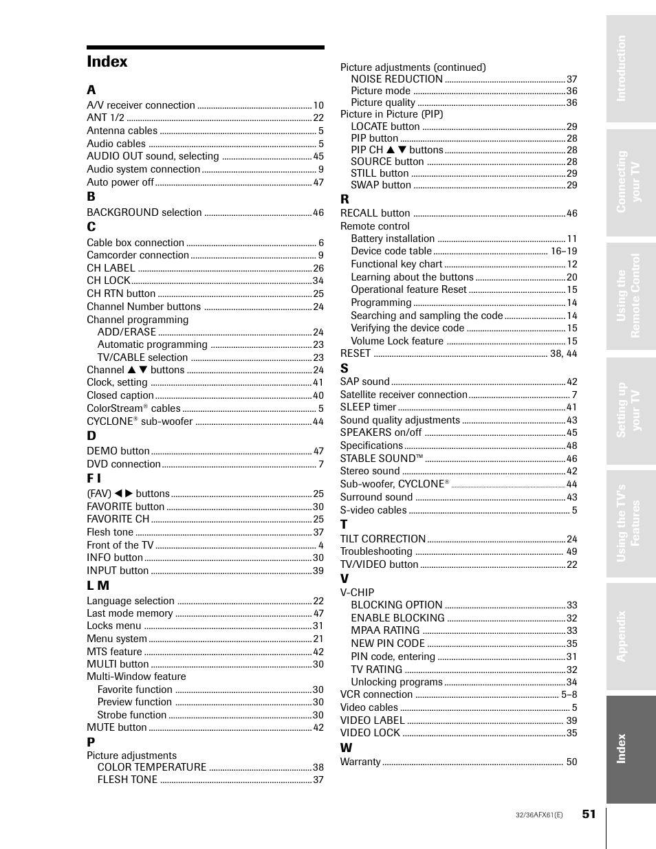 Index | Toshiba 36AFX61 User Manual | Page 51 / 52