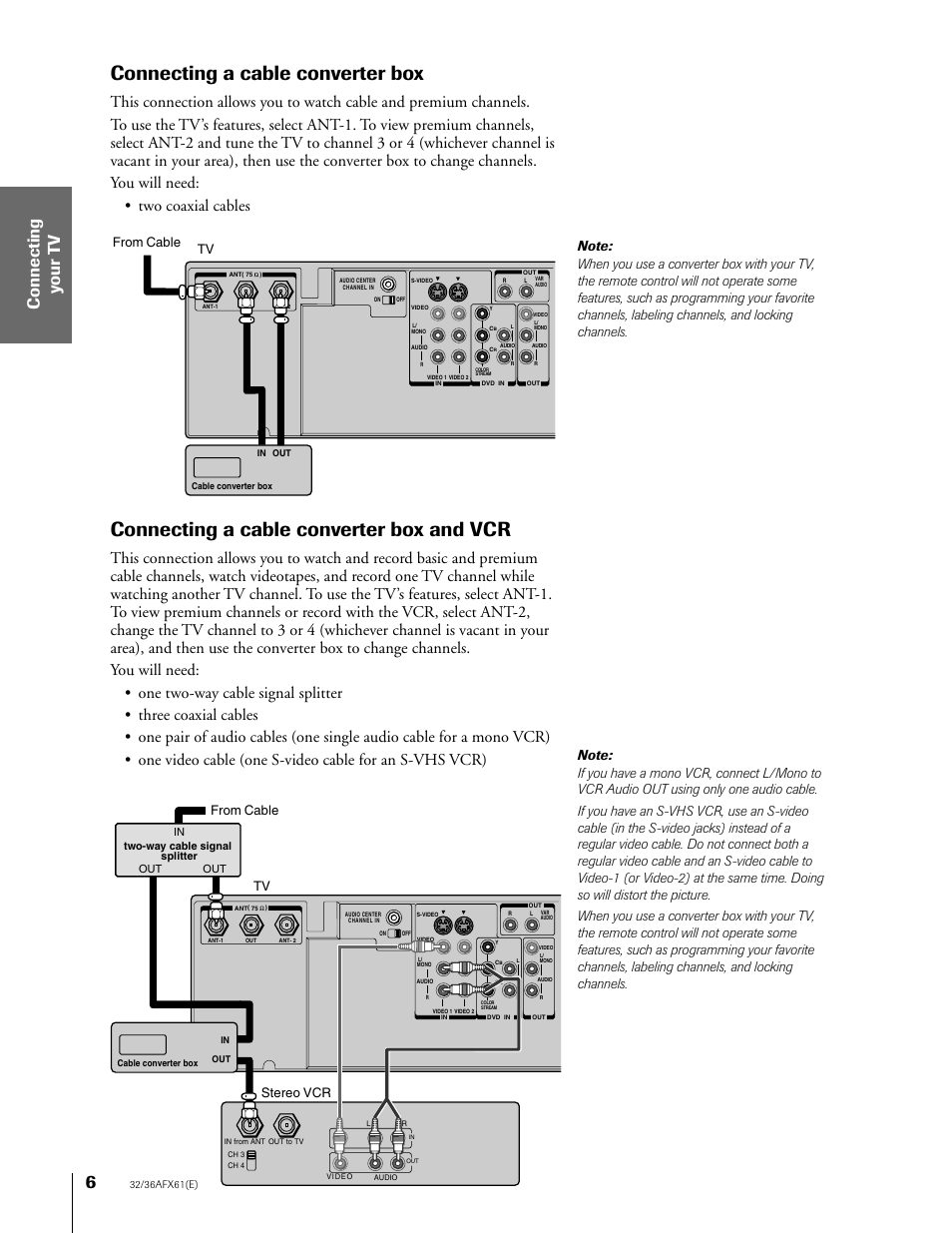 Connecting a cable converter box and vcr, Connecting a cable converter box, Tv from cable tv from cable stereo vcr | Toshiba 36AFX61 User Manual | Page 6 / 52