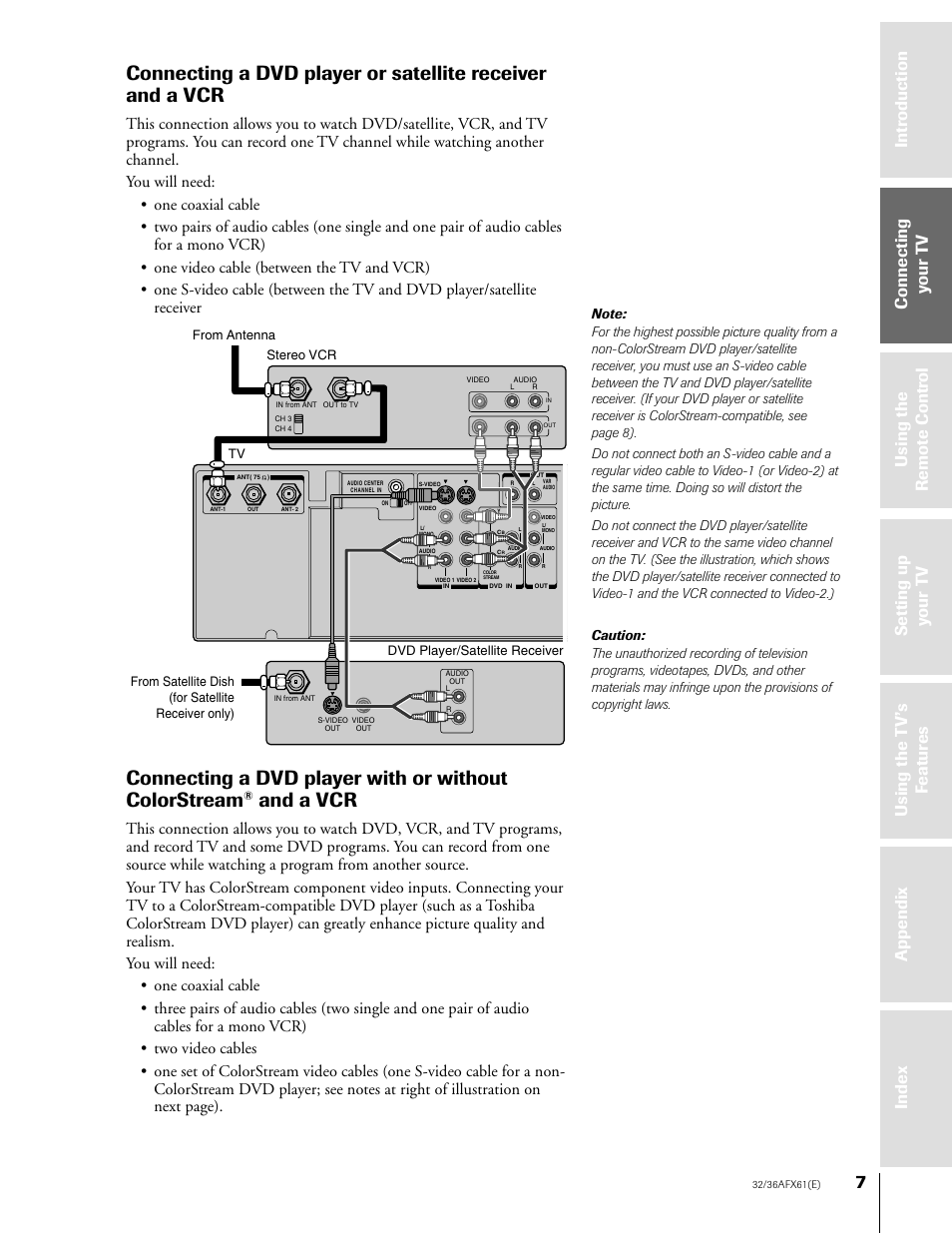 Dvd player or satellite receiver and vcr, Dvd player with or without colorstream and vcr, And a vcr | Toshiba 36AFX61 User Manual | Page 7 / 52