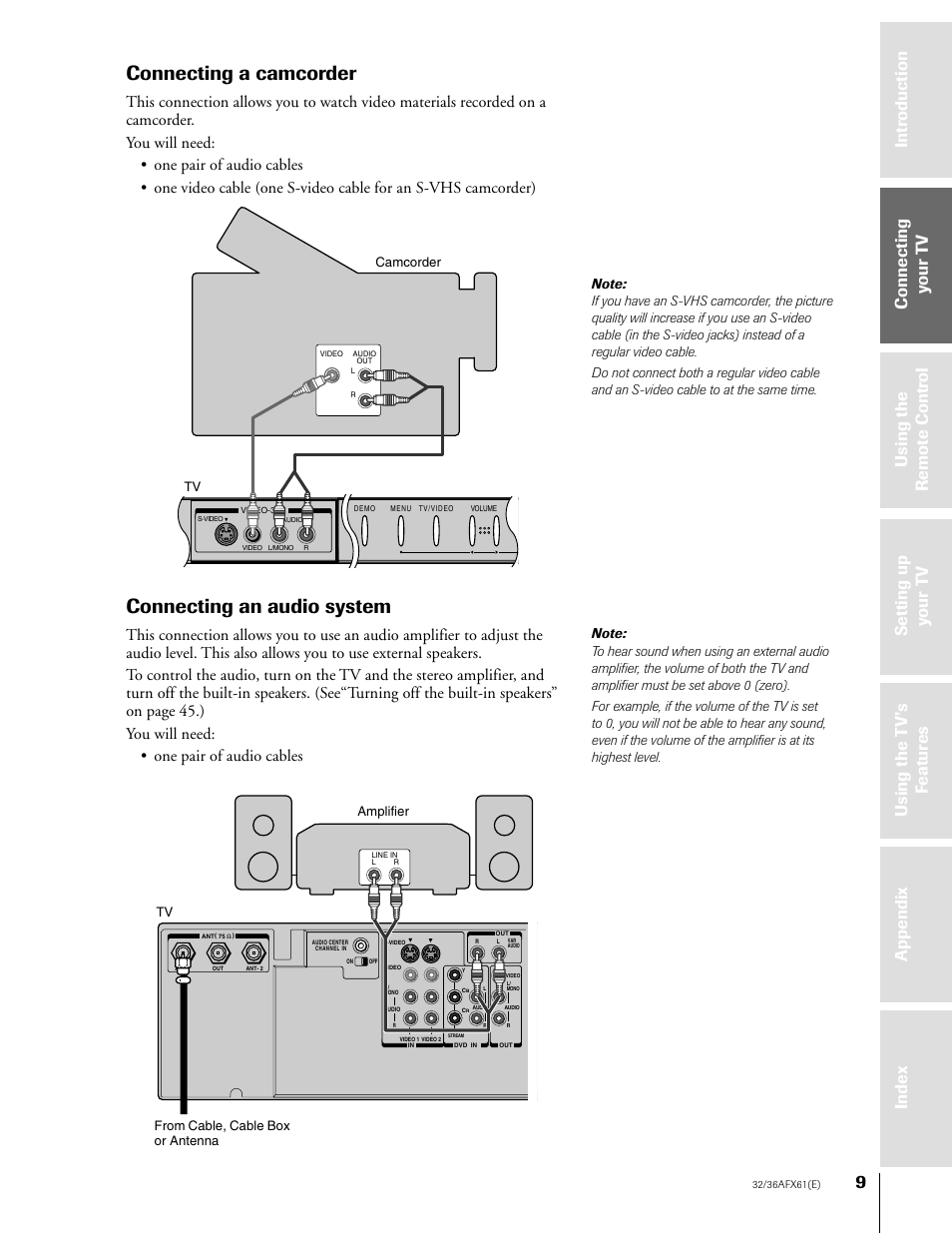 Connecting a camcorder / an audio system, Connecting a camcorder, Connecting an audio system | Toshiba 36AFX61 User Manual | Page 9 / 52