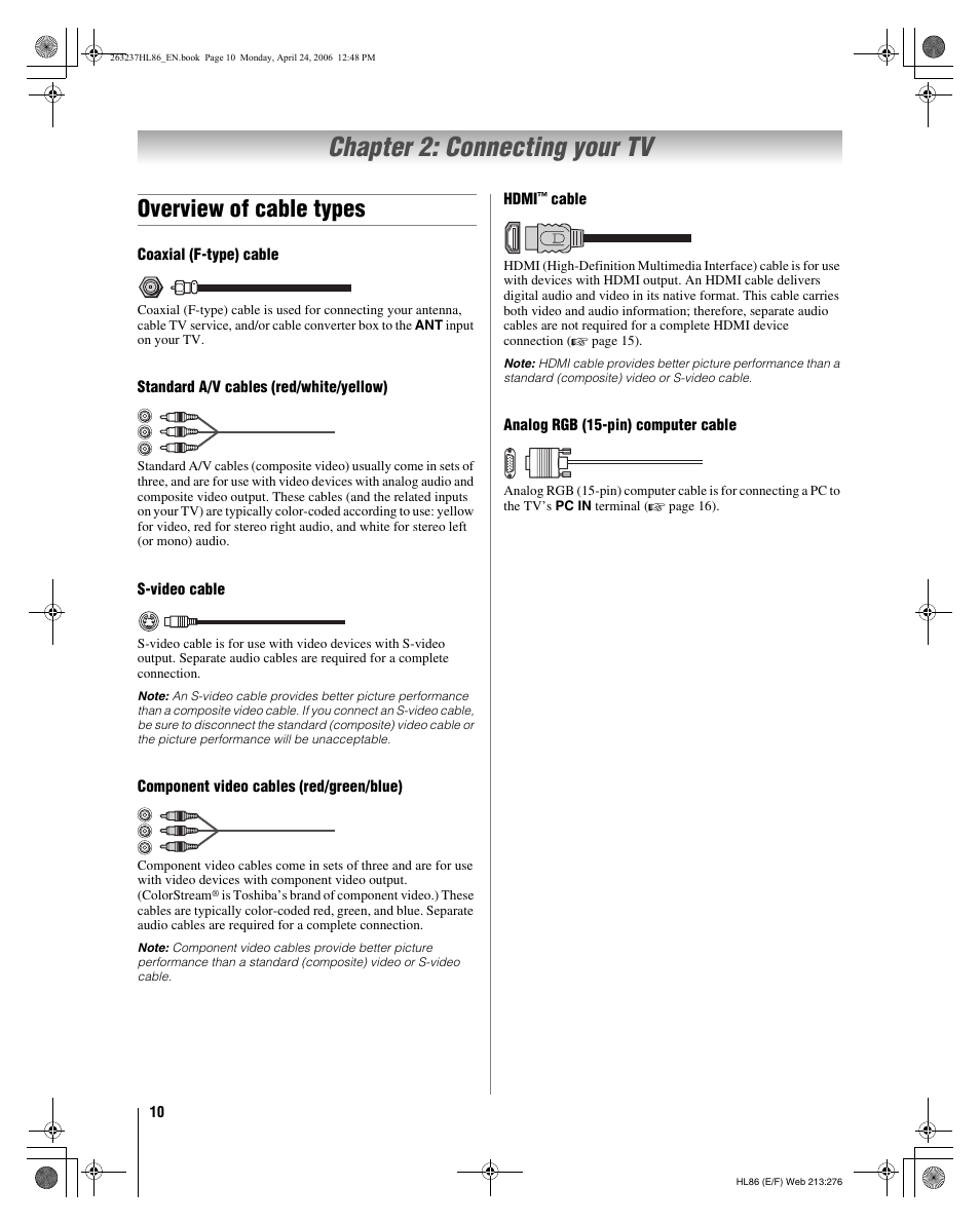 Chapter 2: connecting your tv, Overview of cable types | Toshiba 26HL86 User Manual | Page 10 / 50