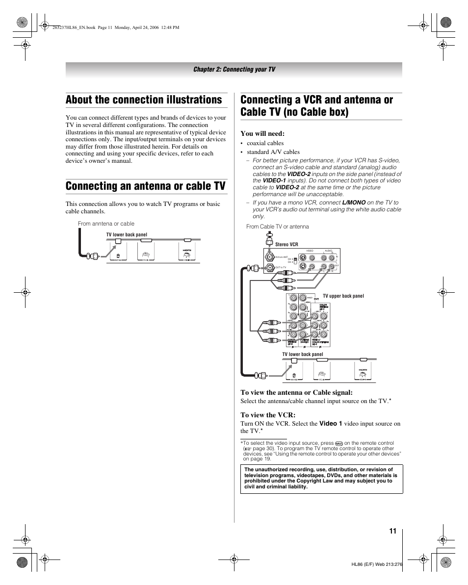 About the connection illustrations, Connecting an antenna or cable tv, You will need | Toshiba 26HL86 User Manual | Page 11 / 50