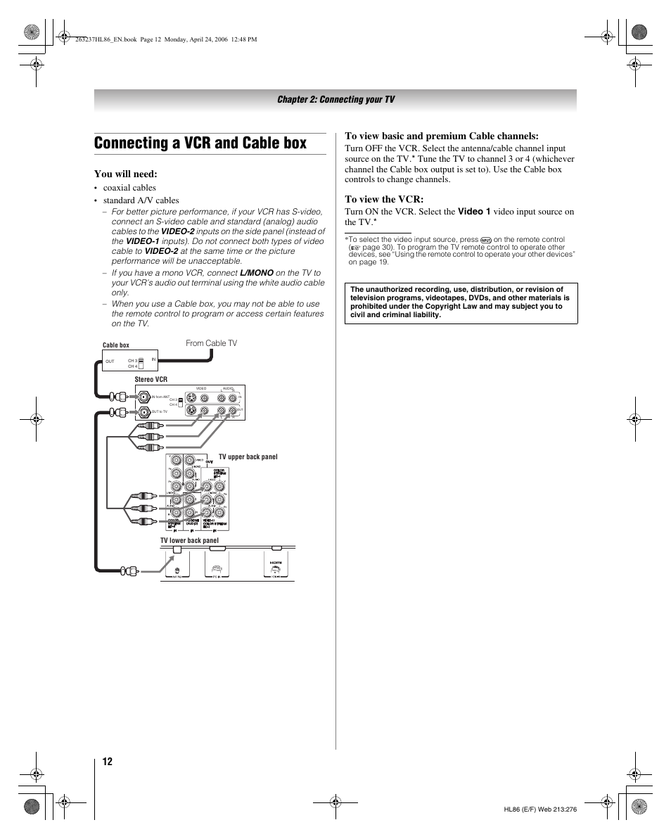 Connecting a vcr and cable box, You will need, Chapter 2: connecting your tv | Coaxial cables, Standard a/v cables | Toshiba 26HL86 User Manual | Page 12 / 50