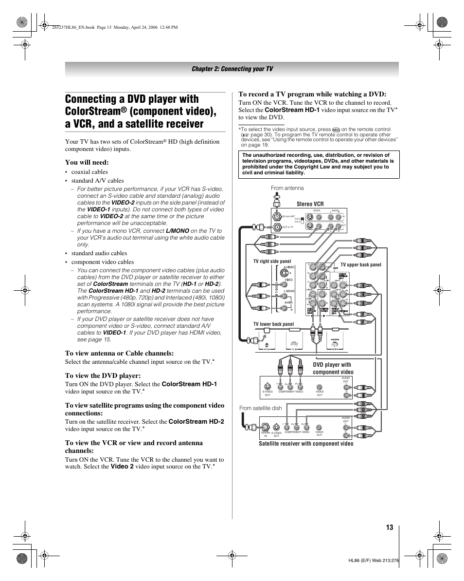 Connecting a dvd player with colorstream, Component video), a vcr, and a satellite receiver, You will need | Chapter 2: connecting your tv, Your tv has two sets of colorstream, Hd (high definition component video) inputs, Coaxial cables, Standard a/v cables, Standard audio cables, Component video cables | Toshiba 26HL86 User Manual | Page 13 / 50