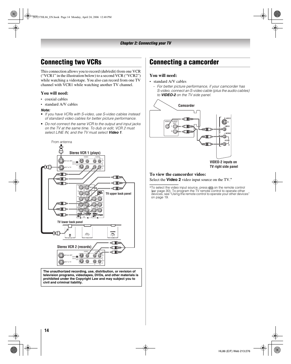 Connecting two vcrs, Connecting a camcorder, You will need | Chapter 2: connecting your tv, Coaxial cables, Standard a/v cables, Select the video 2 video input source on the tv | Toshiba 26HL86 User Manual | Page 14 / 50