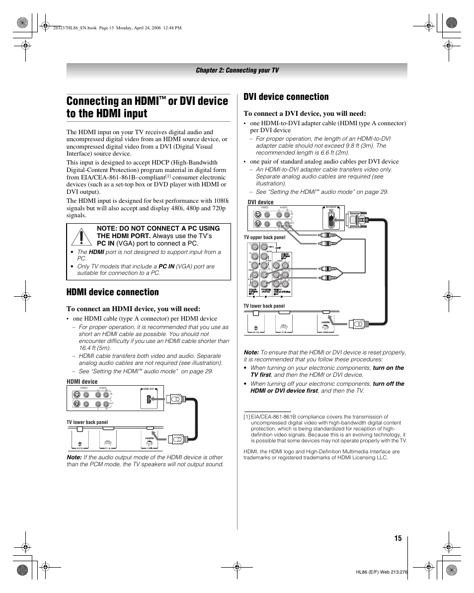 Connecting an hdmi, Or dvi device to the hdmi input, Hdmi device connection | Dvi device connection | Toshiba 26HL86 User Manual | Page 15 / 50