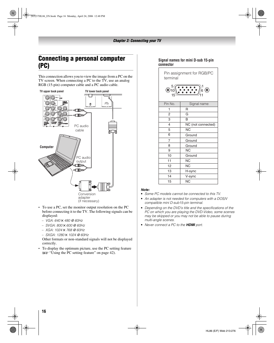 Connecting a personal computer (pc) | Toshiba 26HL86 User Manual | Page 16 / 50
