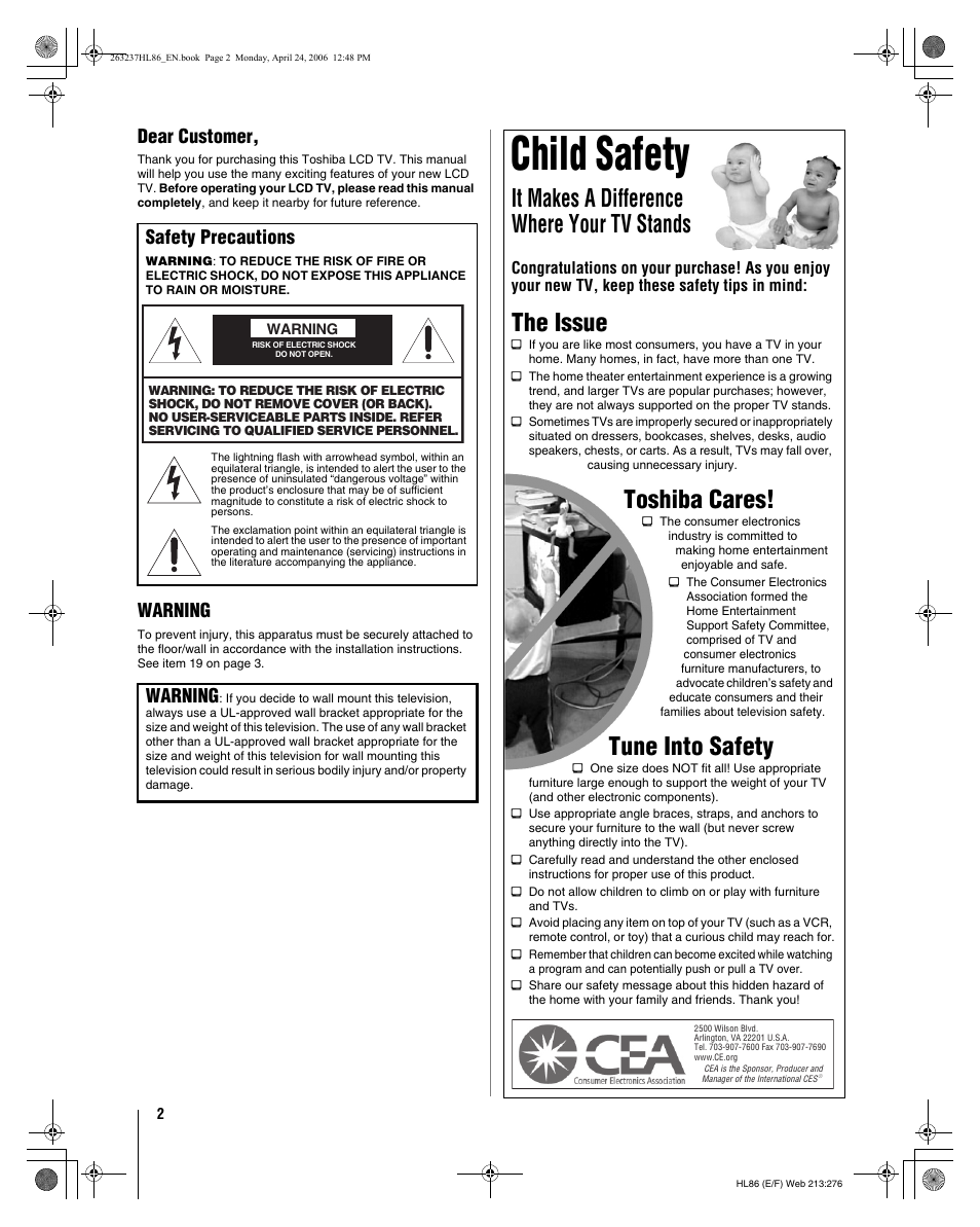 Child safety, It makes a difference where your tv stands, The issue | Toshiba cares, Tune into safety, Dear customer, Warning, Safety precautions | Toshiba 26HL86 User Manual | Page 2 / 50
