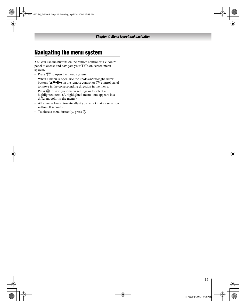 Navigating the menu system | Toshiba 26HL86 User Manual | Page 25 / 50