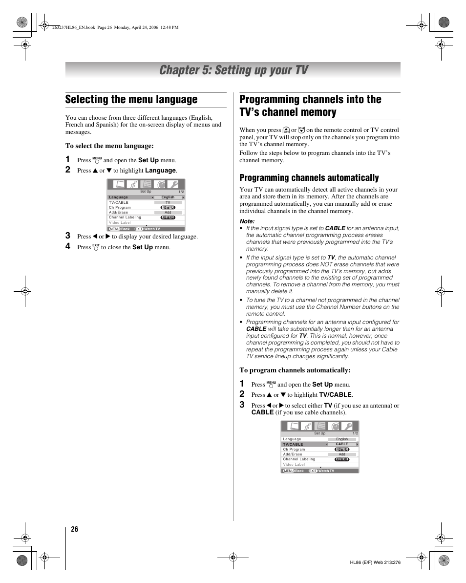 Chapter 5: setting up your tv, Selecting the menu language, Programming channels automatically | Toshiba 26HL86 User Manual | Page 26 / 50