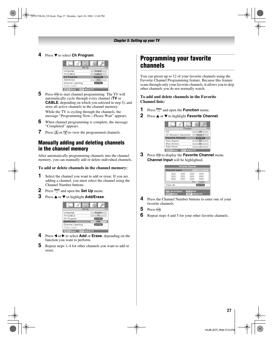 Programming your favorite channels | Toshiba 26HL86 User Manual | Page 27 / 50