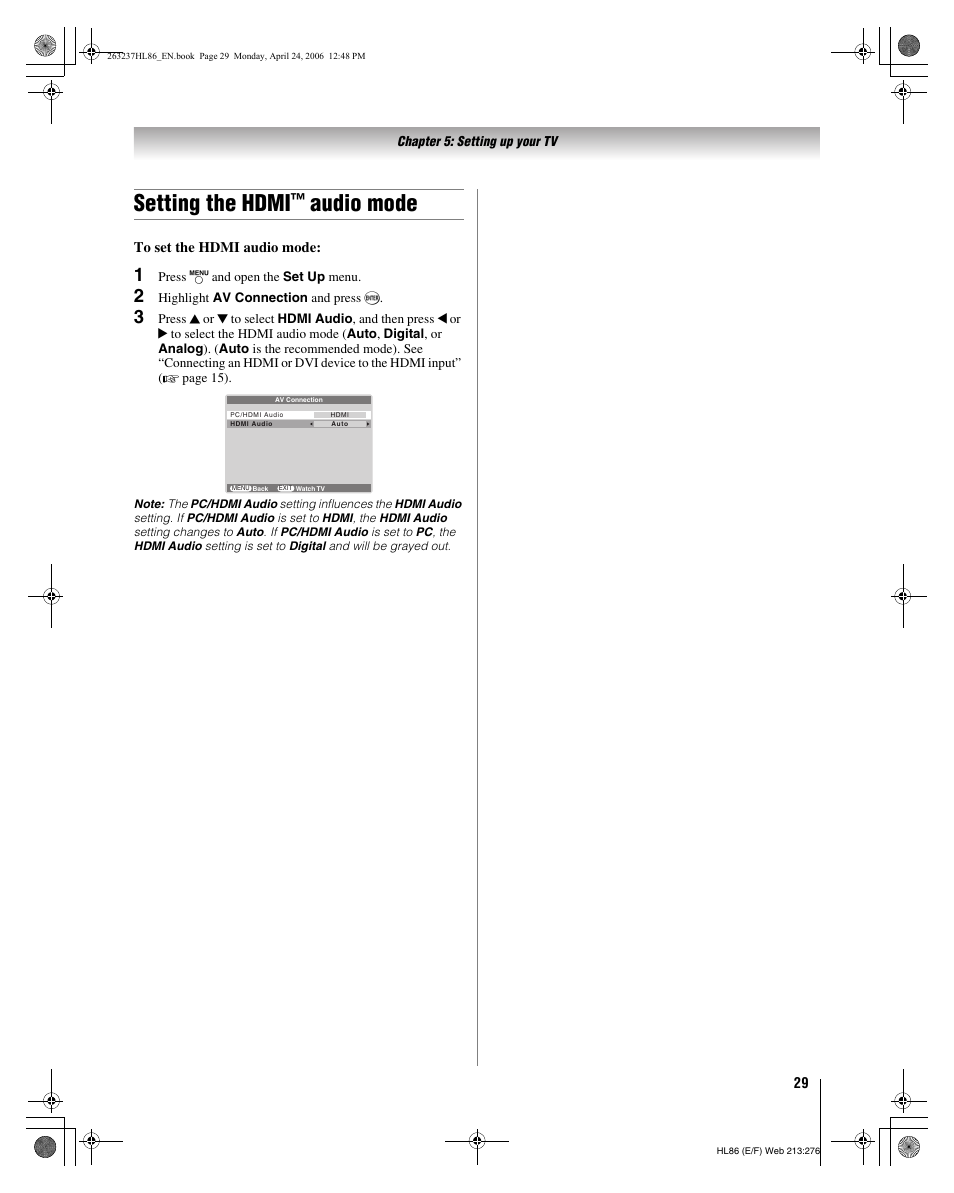 Setting the hdmi, Audio mode | Toshiba 26HL86 User Manual | Page 29 / 50