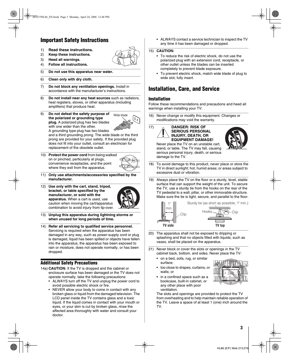 Important safety instructions, Installation, care, and service, Additional safety precautions | Installation | Toshiba 26HL86 User Manual | Page 3 / 50