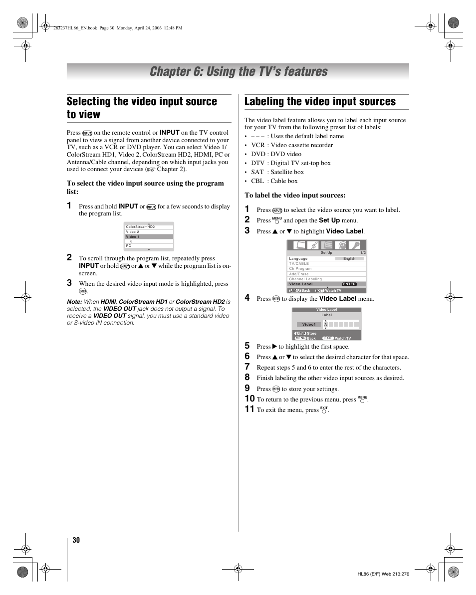 Chapter 6: using the tv’s features, Selecting the video input source to view, Labeling the video input sources | Toshiba 26HL86 User Manual | Page 30 / 50