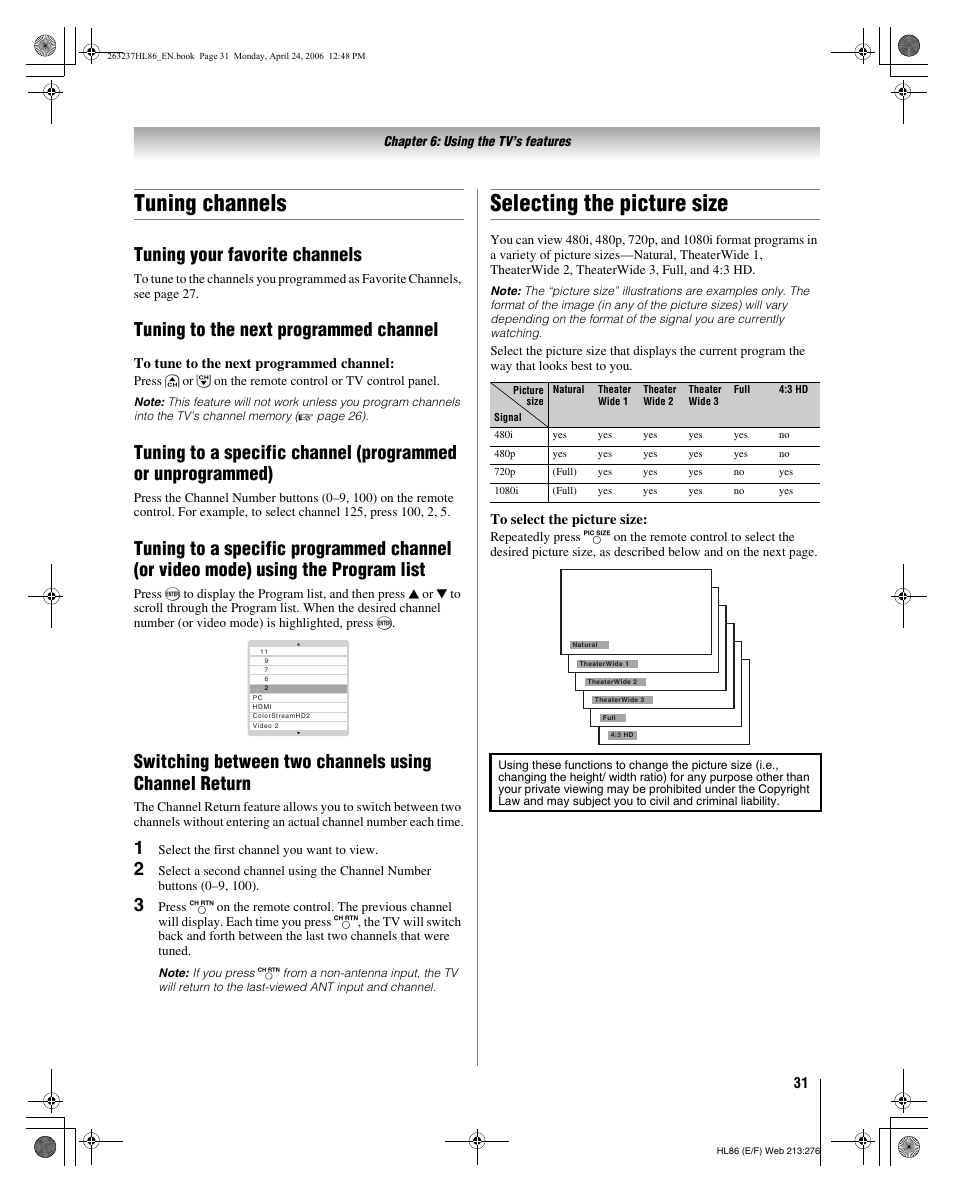 Tuning channels, Selecting the picture size, Tuning your favorite channels | Tuning to the next programmed channel | Toshiba 26HL86 User Manual | Page 31 / 50