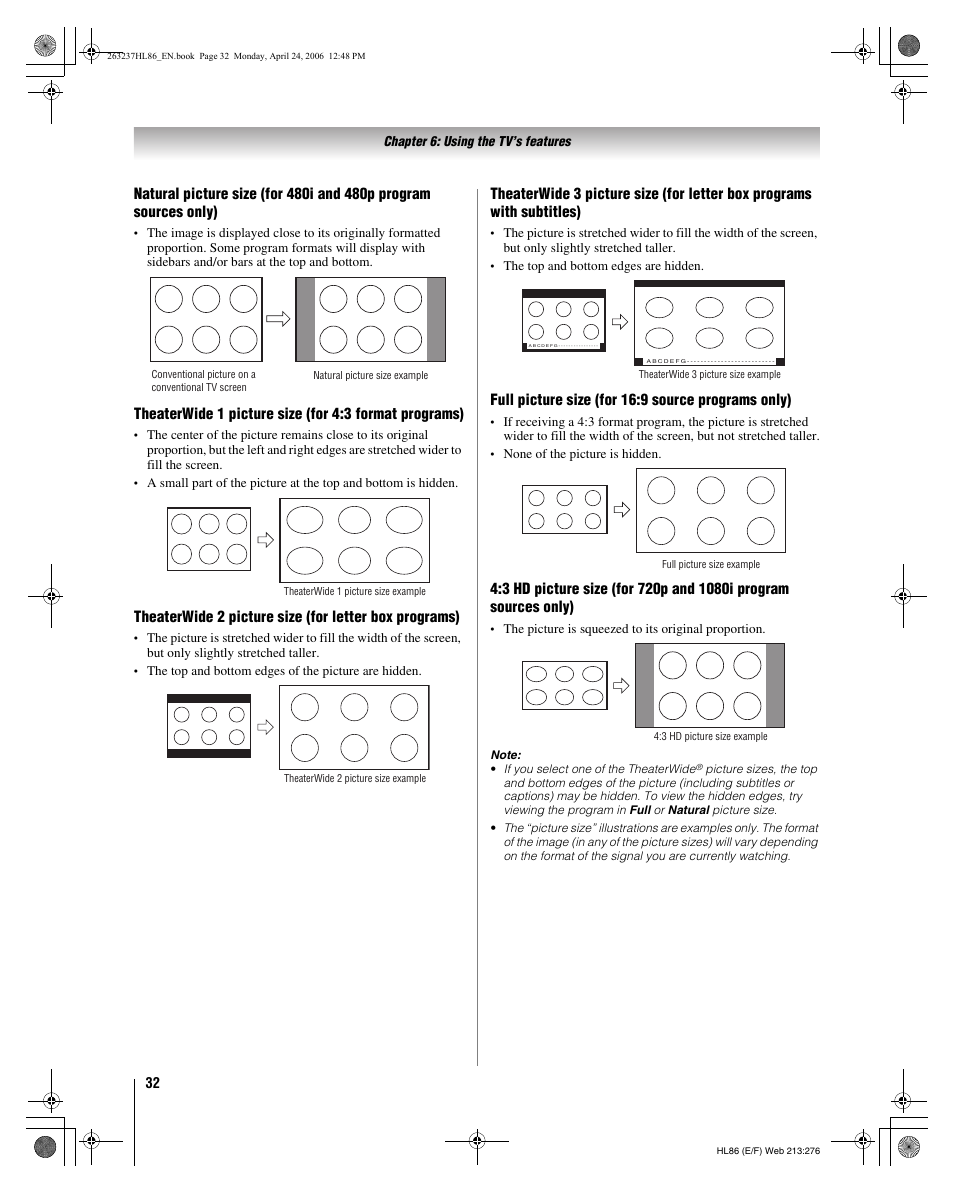 Full picture size (for 16:9 source programs only) | Toshiba 26HL86 User Manual | Page 32 / 50