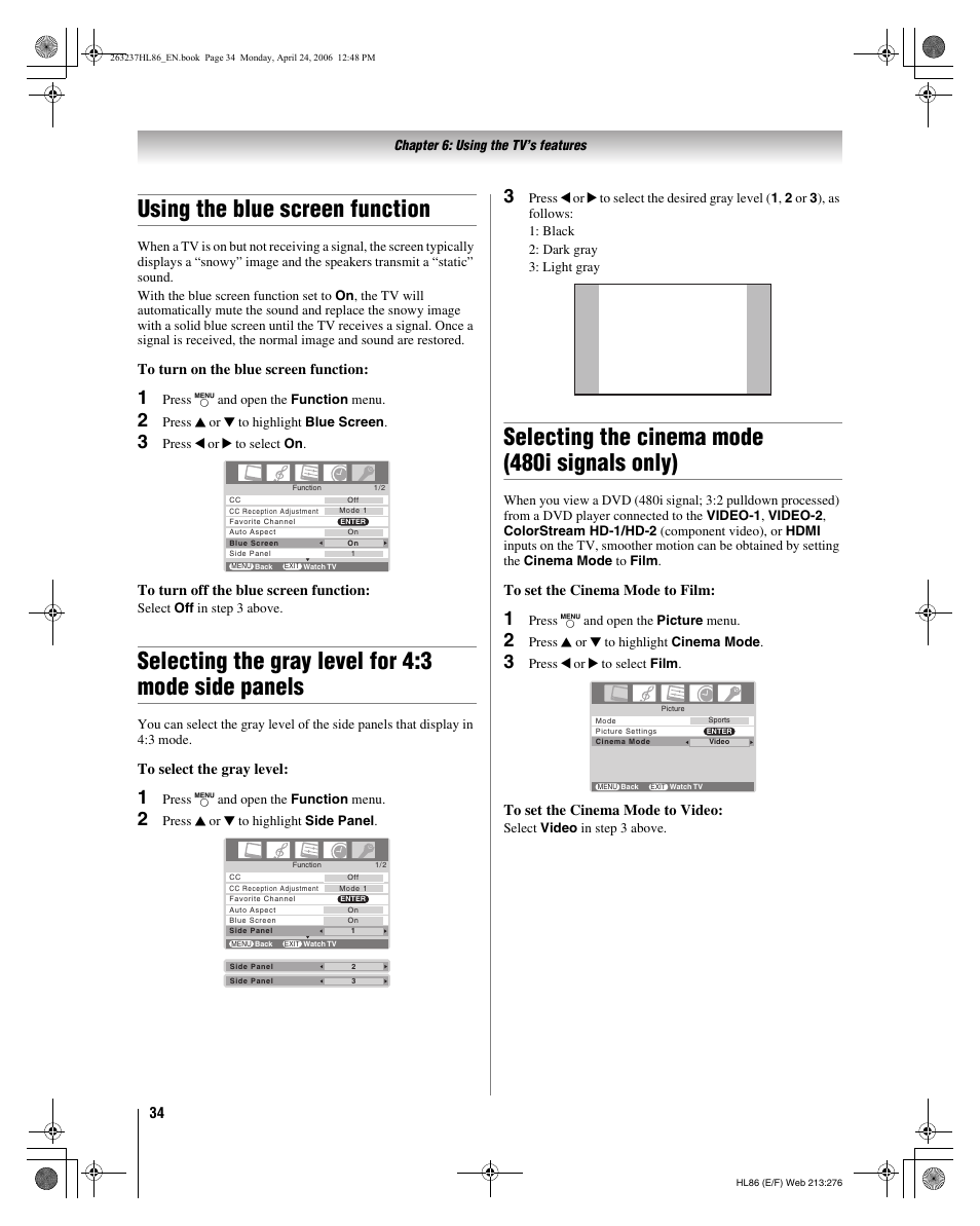 Using the blue screen function, Selecting the gray level for 4:3 mode side panels, Selecting the cinema mode (480i signals only) | Toshiba 26HL86 User Manual | Page 34 / 50