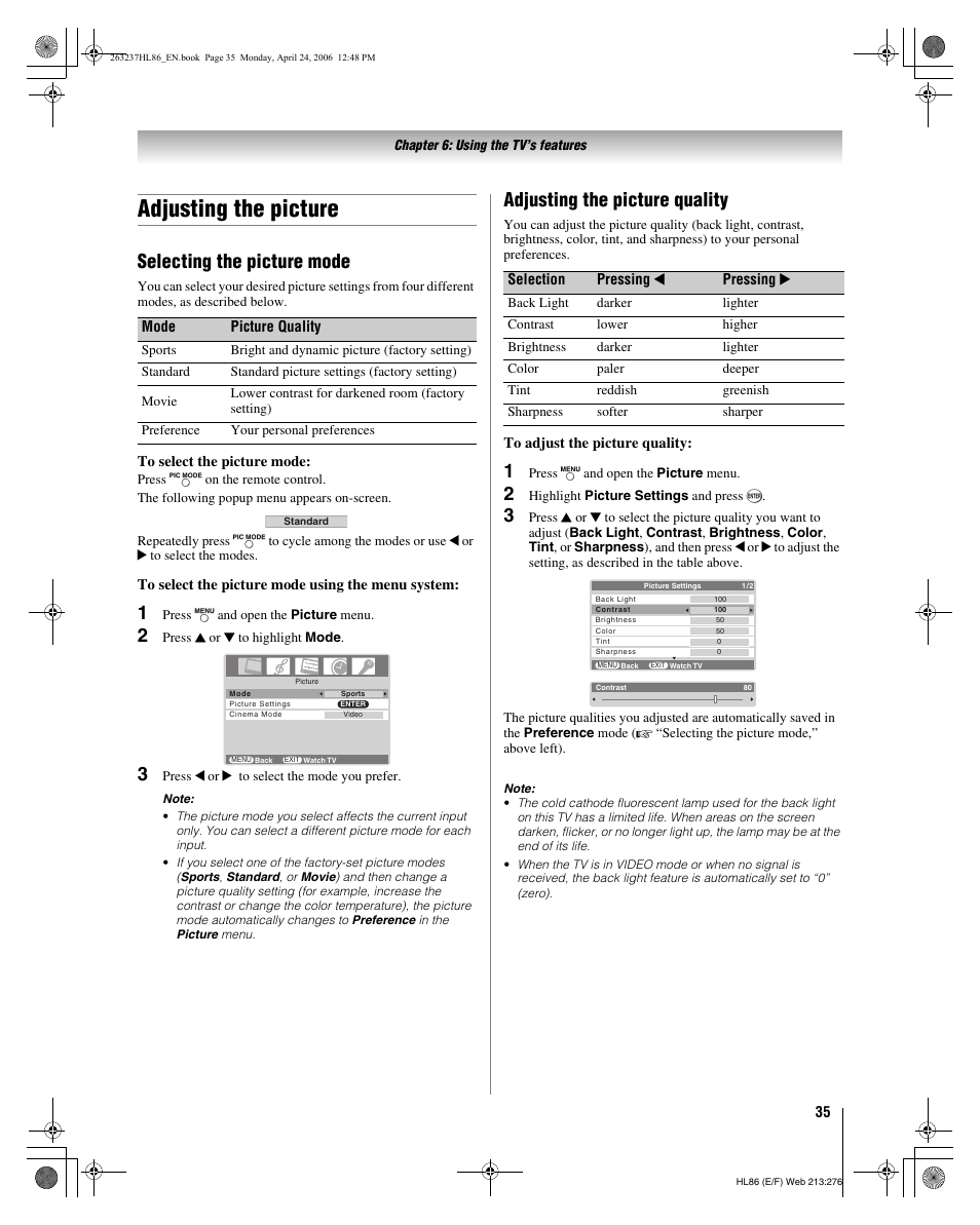 Adjusting the picture, Selecting the picture mode, Adjusting the picture quality | Toshiba 26HL86 User Manual | Page 35 / 50