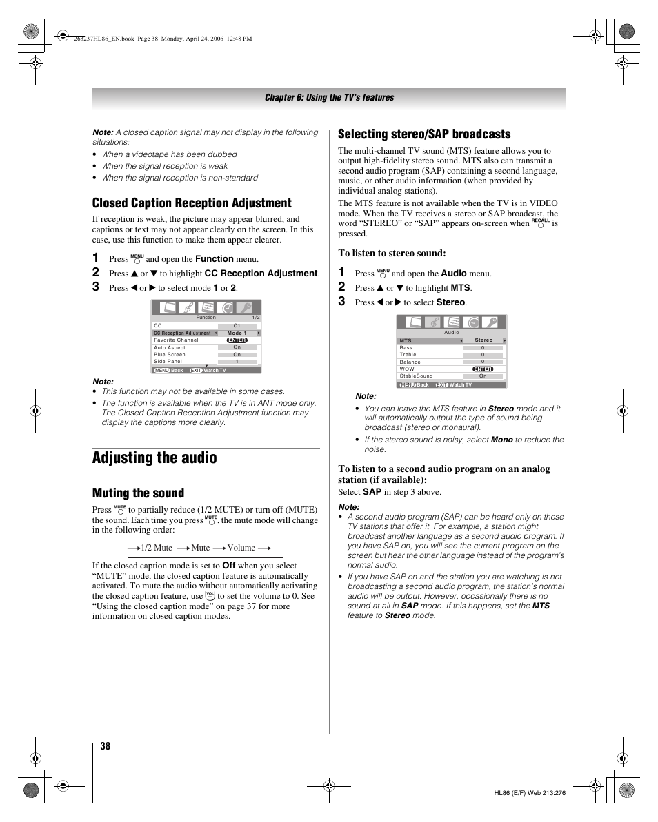 Adjusting the audio, Closed caption reception adjustment, Muting the sound | Selecting stereo/sap broadcasts | Toshiba 26HL86 User Manual | Page 38 / 50